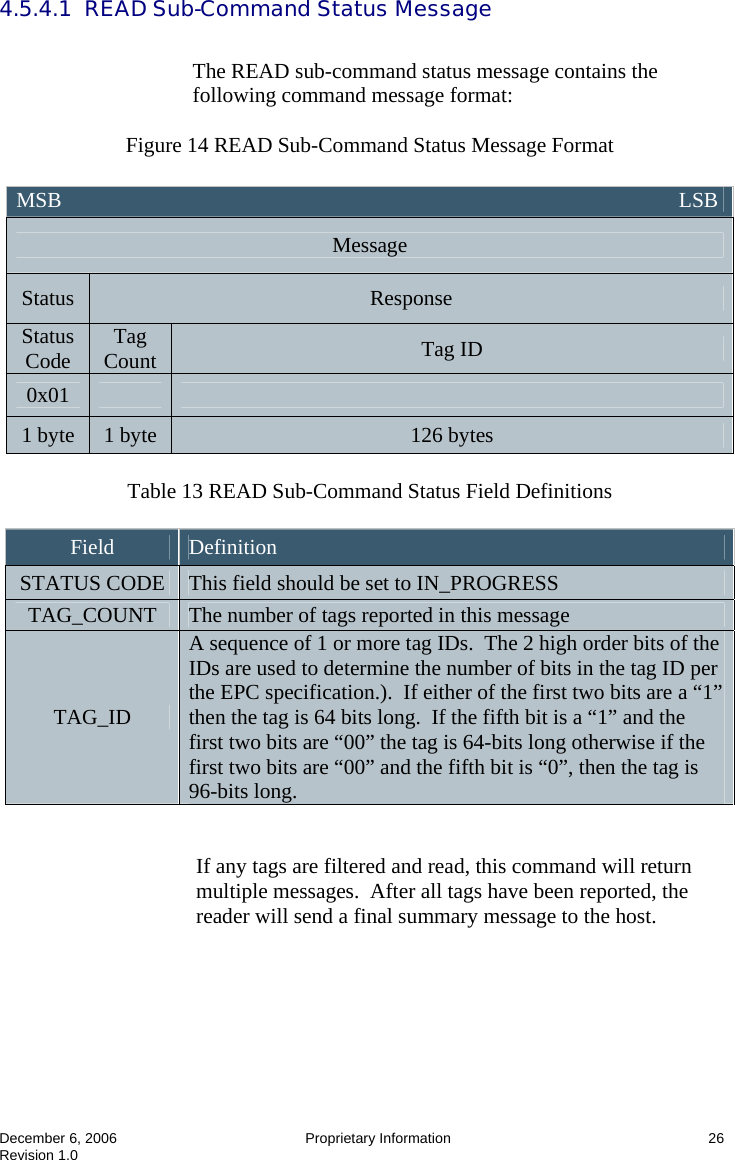  December 6, 2006  Proprietary Information      26 Revision 1.0 4.5.4.1  READ Sub-Command Status Message  The READ sub-command status message contains the following command message format:  Figure 14 READ Sub-Command Status Message Format   Table 13 READ Sub-Command Status Field Definitions  Field  Definition STATUS CODE  This field should be set to IN_PROGRESS TAG_COUNT  The number of tags reported in this message TAG_ID A sequence of 1 or more tag IDs.  The 2 high order bits of the IDs are used to determine the number of bits in the tag ID per the EPC specification.).  If either of the first two bits are a “1” then the tag is 64 bits long.  If the fifth bit is a “1” and the first two bits are “00” the tag is 64-bits long otherwise if the first two bits are “00” and the fifth bit is “0”, then the tag is 96-bits long.   If any tags are filtered and read, this command will return multiple messages.  After all tags have been reported, the reader will send a final summary message to the host. MSB                                                                                                                   LSB  Message Status  Response Status Code  Tag Count  Tag ID 0x01     1 byte  1 byte  126 bytes 