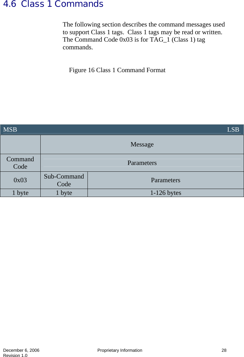  December 6, 2006  Proprietary Information      28 Revision 1.0 4.6  Class 1 Commands  The following section describes the command messages used to support Class 1 tags.  Class 1 tags may be read or written.  The Command Code 0x03 is for TAG_1 (Class 1) tag commands.   Figure 16 Class 1 Command Format                    MSB                                                                                                                               LSB  Message Command Code  Parameters 0x03  Sub-Command Code  Parameters 1 byte  1 byte  1-126 bytes 