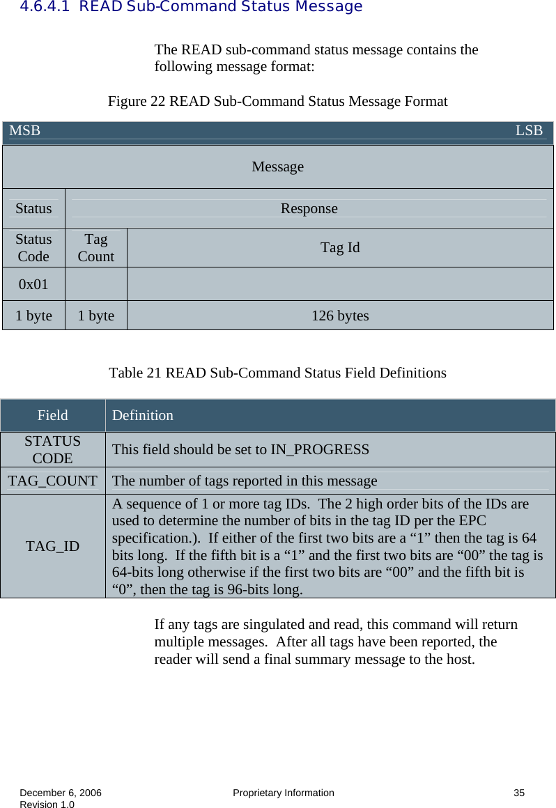  December 6, 2006  Proprietary Information      35 Revision 1.0 4.6.4.1  READ Sub-Command Status Message    The READ sub-command status message contains the following message format:  Figure 22 READ Sub-Command Status Message Format   Table 21 READ Sub-Command Status Field Definitions  Field  Definition STATUS CODE  This field should be set to IN_PROGRESS TAG_COUNT  The number of tags reported in this message TAG_ID A sequence of 1 or more tag IDs.  The 2 high order bits of the IDs are used to determine the number of bits in the tag ID per the EPC specification.).  If either of the first two bits are a “1” then the tag is 64 bits long.  If the fifth bit is a “1” and the first two bits are “00” the tag is 64-bits long otherwise if the first two bits are “00” and the fifth bit is “0”, then the tag is 96-bits long.  If any tags are singulated and read, this command will return multiple messages.  After all tags have been reported, the reader will send a final summary message to the host.   MSB                                                                                                                               LSB Message Status  Response Status Code  Tag Count  Tag Id 0x01     1 byte  1 byte  126 bytes 