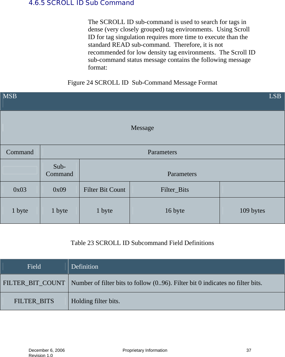  December 6, 2006  Proprietary Information      37 Revision 1.0 4.6.5 SCROLL ID Sub Command  The SCROLL ID sub-command is used to search for tags in dense (very closely grouped) tag environments.  Using Scroll ID for tag singulation requires more time to execute than the standard READ sub-command.  Therefore, it is not recommended for low density tag environments.  The Scroll ID sub-command status message contains the following message format:  Figure 24 SCROLL ID  Sub-Command Message Format   Table 23 SCROLL ID Subcommand Field Definitions Field Definition MSB                                                                                                                                                         LSB  Message Command  Parameters  Sub-Command   Parameters 0x03  0x09  Filter Bit Count  Filter_Bits   1 byte  1 byte  1 byte  16 byte  109 bytes Field  Definition FILTER_BIT_COUNT  Number of filter bits to follow (0..96). Filter bit 0 indicates no filter bits. FILTER_BITS  Holding filter bits. 