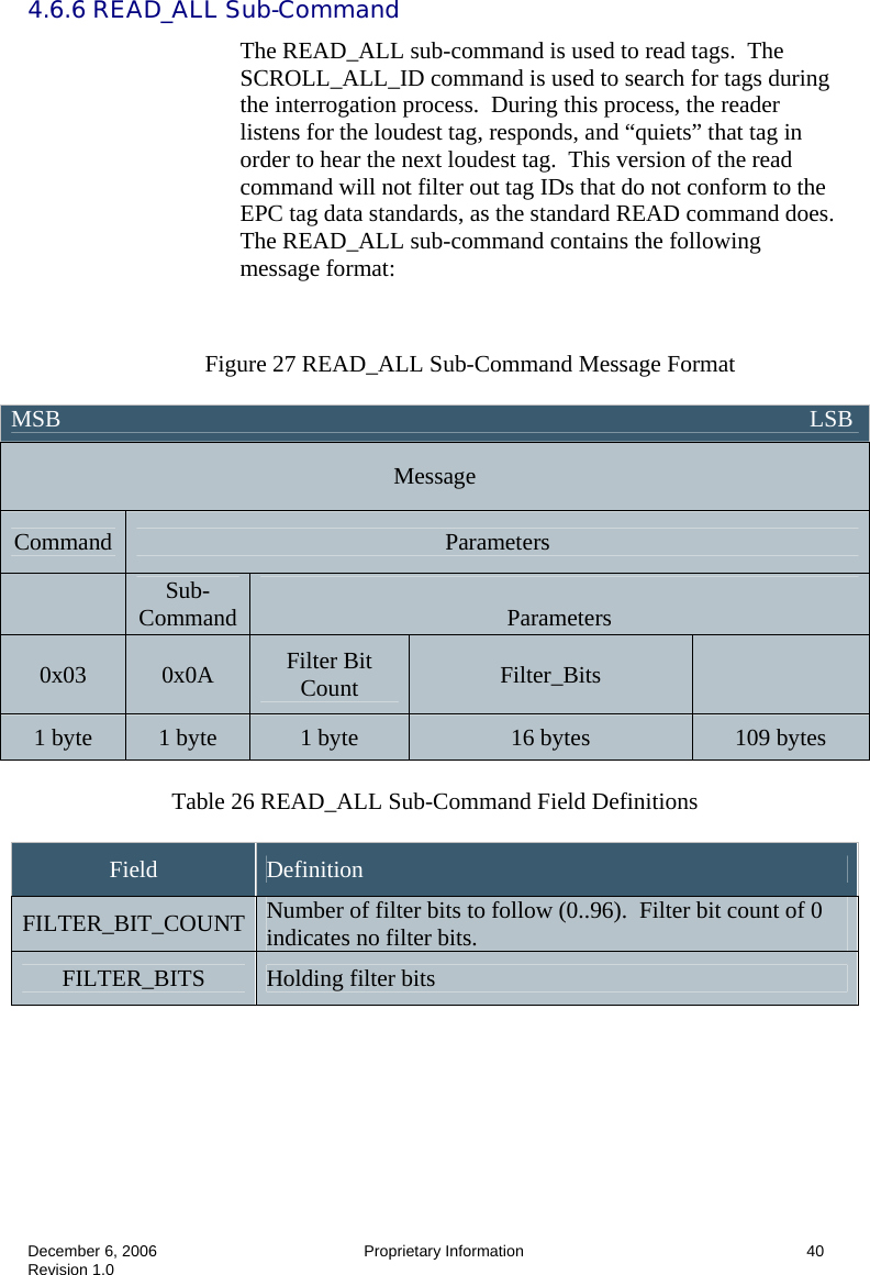  December 6, 2006  Proprietary Information      40 Revision 1.0 4.6.6 READ_ALL Sub-Command The READ_ALL sub-command is used to read tags.  The SCROLL_ALL_ID command is used to search for tags during the interrogation process.  During this process, the reader listens for the loudest tag, responds, and “quiets” that tag in order to hear the next loudest tag.  This version of the read command will not filter out tag IDs that do not conform to the EPC tag data standards, as the standard READ command does. The READ_ALL sub-command contains the following message format:    Figure 27 READ_ALL Sub-Command Message Format   Table 26 READ_ALL Sub-Command Field Definitions  Field  Definition FILTER_BIT_COUNT  Number of filter bits to follow (0..96).  Filter bit count of 0 indicates no filter bits. FILTER_BITS  Holding filter bits   MSB                                                                                                                               LSB Message Command  Parameters  Sub-Command   Parameters 0x03  0x0A  Filter Bit Count  Filter_Bits   1 byte  1 byte  1 byte  16 bytes  109 bytes 