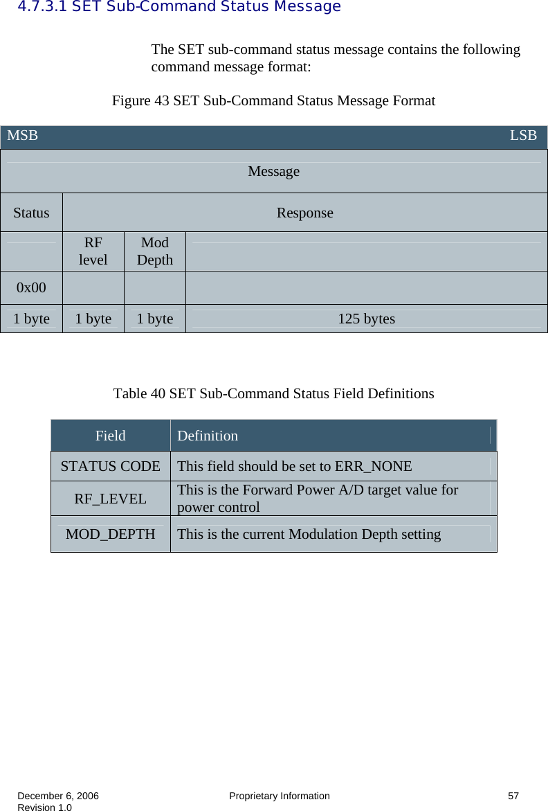  December 6, 2006  Proprietary Information      57 Revision 1.0 4.7.3.1 SET Sub-Command Status Message    The SET sub-command status message contains the following command message format:  Figure 43 SET Sub-Command Status Message Format    Table 40 SET Sub-Command Status Field Definitions  Field  Definition STATUS CODE  This field should be set to ERR_NONE RF_LEVEL  This is the Forward Power A/D target value for power control MOD_DEPTH  This is the current Modulation Depth setting     MSB                                                                                                                               LSB Message Status  Response  RF level  Mod Depth   0x00       1 byte  1 byte  1 byte  125 bytes 