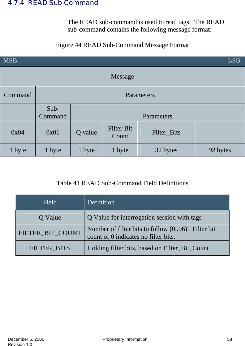  December 6, 2006  Proprietary Information      58 Revision 1.0  4.7.4  READ Sub-Command  The READ sub-command is used to read tags.  The READ sub-command contains the following message format:  Figure 44 READ Sub-Command Message Format     Table 41 READ Sub-Command Field Definitions  Field  Definition Q Value  Q Value for interrogation session with tags FILTER_BIT_COUNT  Number of filter bits to follow (0..96).  Filter bit count of 0 indicates no filter bits. FILTER_BITS  Holding filter bits, based on Filter_Bit_Count    MSB                                                                                                                               LSB Message Command  Parameters  Sub-Command   Parameters 0x04  0x01  Q value  Filter Bit Count  Filter_Bits   1 byte  1 byte  1 byte  1 byte  32 bytes  92 bytes 