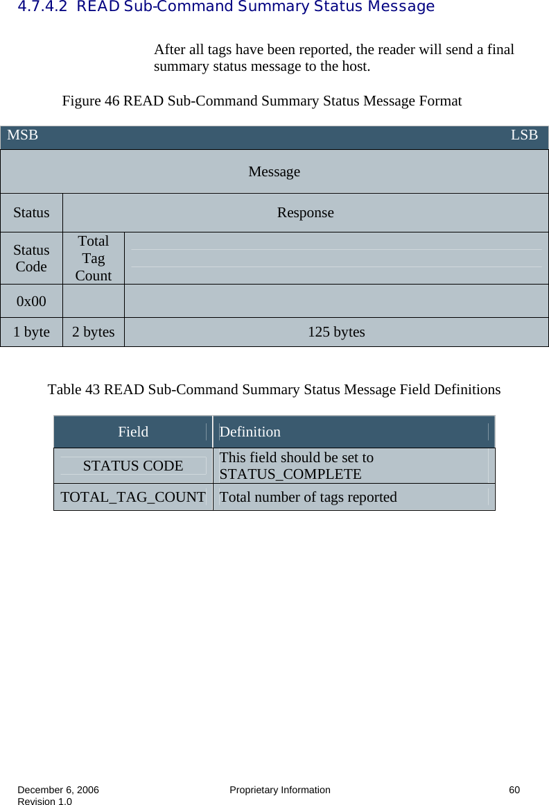  December 6, 2006  Proprietary Information      60 Revision 1.0 4.7.4.2  READ Sub-Command Summary Status Message  After all tags have been reported, the reader will send a final summary status message to the host.  Figure 46 READ Sub-Command Summary Status Message Format   Table 43 READ Sub-Command Summary Status Message Field Definitions  Field  Definition STATUS CODE  This field should be set to STATUS_COMPLETE TOTAL_TAG_COUNT  Total number of tags reported    MSB                                                                                                                               LSB Message Status  Response Status Code Total Tag Count   0x00     1 byte  2 bytes  125 bytes 