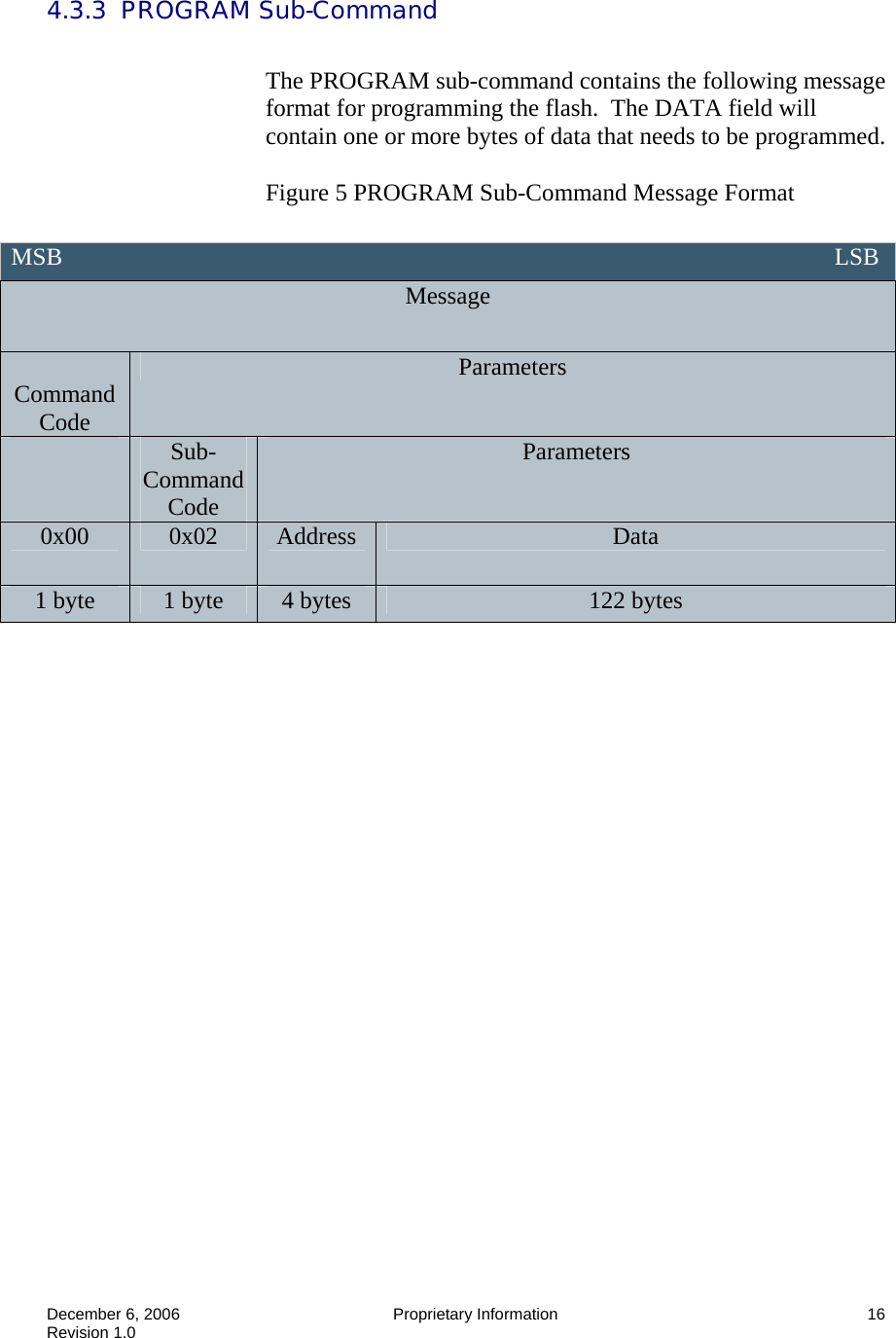  December 6, 2006  Proprietary Information  16 Revision 1.0 4.3.3  PROGRAM Sub-Command  The PROGRAM sub-command contains the following message format for programming the flash.  The DATA field will contain one or more bytes of data that needs to be programmed.    Figure 5 PROGRAM Sub-Command Message Format   MSB                                                                                                                               LSB Message  Command Code Parameters  Sub-Command Code Parameters 0x00  0x02  Address  Data 1 byte  1 byte  4 bytes  122 bytes 