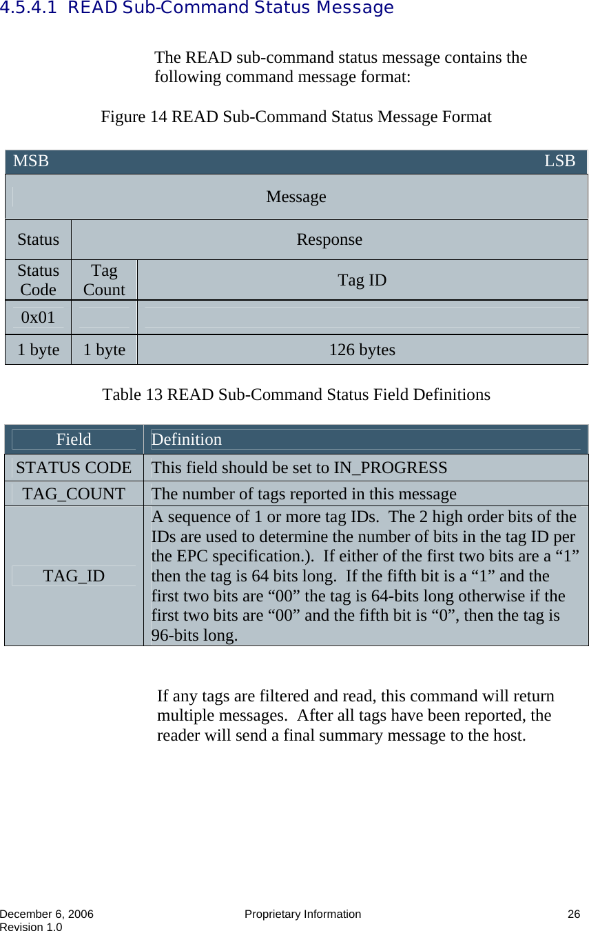  December 6, 2006  Proprietary Information      26 Revision 1.0 4.5.4.1  READ Sub-Command Status Message  The READ sub-command status message contains the following command message format:  Figure 14 READ Sub-Command Status Message Format   Table 13 READ Sub-Command Status Field Definitions  Field  Definition STATUS CODE  This field should be set to IN_PROGRESS TAG_COUNT  The number of tags reported in this message TAG_ID A sequence of 1 or more tag IDs.  The 2 high order bits of the IDs are used to determine the number of bits in the tag ID per the EPC specification.).  If either of the first two bits are a “1” then the tag is 64 bits long.  If the fifth bit is a “1” and the first two bits are “00” the tag is 64-bits long otherwise if the first two bits are “00” and the fifth bit is “0”, then the tag is 96-bits long.   If any tags are filtered and read, this command will return multiple messages.  After all tags have been reported, the reader will send a final summary message to the host. MSB                                                                                                                   LSB Message Status  Response Status Code  Tag Count  Tag ID 0x01     1 byte  1 byte  126 bytes 