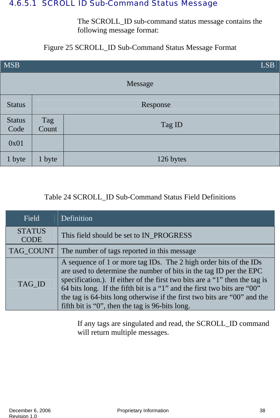  December 6, 2006  Proprietary Information      38 Revision 1.0 4.6.5.1  SCROLL ID Sub-Command Status Message    The SCROLL_ID sub-command status message contains the following message format:  Figure 25 SCROLL_ID Sub-Command Status Message Format    Table 24 SCROLL_ID Sub-Command Status Field Definitions  Field  Definition STATUS CODE  This field should be set to IN_PROGRESS TAG_COUNT  The number of tags reported in this message TAG_ID A sequence of 1 or more tag IDs.  The 2 high order bits of the IDs are used to determine the number of bits in the tag ID per the EPC specification.).  If either of the first two bits are a “1” then the tag is 64 bits long.  If the fifth bit is a “1” and the first two bits are “00” the tag is 64-bits long otherwise if the first two bits are “00” and the fifth bit is “0”, then the tag is 96-bits long.  If any tags are singulated and read, the SCROLL_ID command will return multiple messages. MSB                                                                                                                               LSB Message Status  Response Status Code  Tag Count  Tag ID 0x01     1 byte  1 byte  126 bytes 