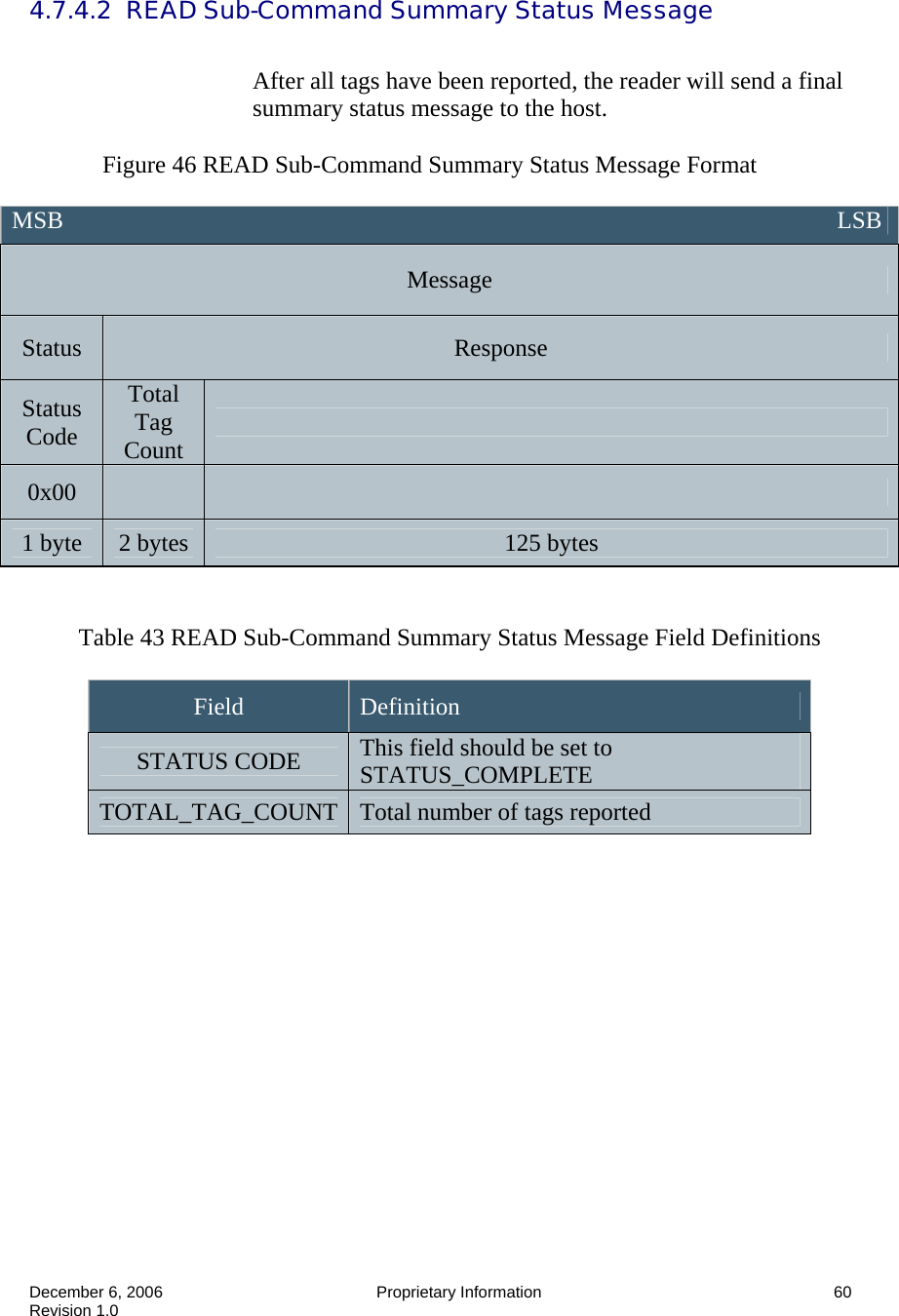  December 6, 2006  Proprietary Information      60 Revision 1.0 4.7.4.2  READ Sub-Command Summary Status Message  After all tags have been reported, the reader will send a final summary status message to the host.  Figure 46 READ Sub-Command Summary Status Message Format   Table 43 READ Sub-Command Summary Status Message Field Definitions  Field  Definition STATUS CODE  This field should be set to STATUS_COMPLETE TOTAL_TAG_COUNT Total number of tags reported    MSB                                                                                                                               LSB Message Status  Response Status Code Total Tag Count   0x00     1 byte  2 bytes  125 bytes 