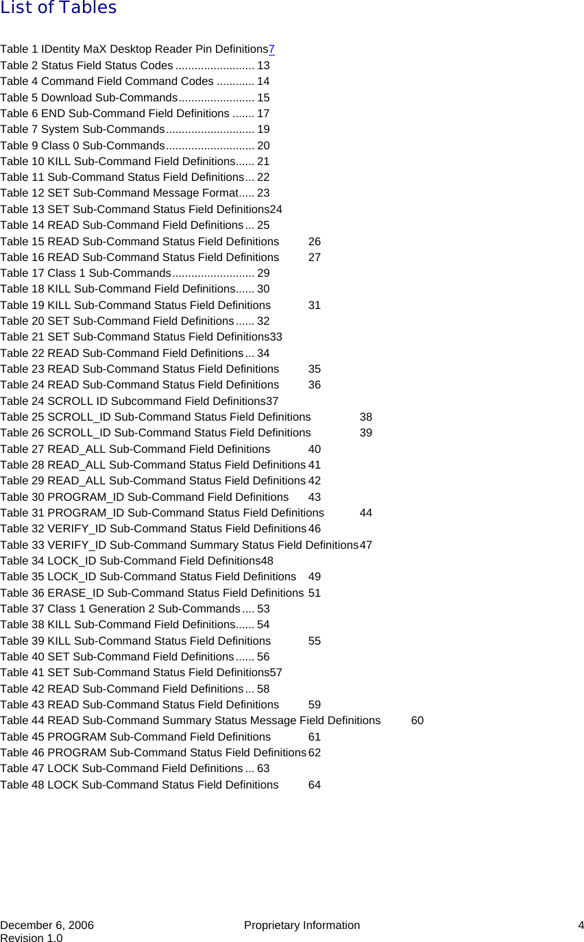  December 6, 2006  Proprietary Information  4 Revision 1.0 List of Tables  Table 1 IDentity MaX Desktop Reader Pin Definitions7 Table 2 Status Field Status Codes ......................... 13 Table 4 Command Field Command Codes ............ 14 Table 5 Download Sub-Commands........................ 15 Table 6 END Sub-Command Field Definitions ....... 17 Table 7 System Sub-Commands............................ 19 Table 9 Class 0 Sub-Commands............................ 20 Table 10 KILL Sub-Command Field Definitions...... 21 Table 11 Sub-Command Status Field Definitions... 22 Table 12 SET Sub-Command Message Format..... 23 Table 13 SET Sub-Command Status Field Definitions24 Table 14 READ Sub-Command Field Definitions... 25 Table 15 READ Sub-Command Status Field Definitions  26 Table 16 READ Sub-Command Status Field Definitions  27 Table 17 Class 1 Sub-Commands.......................... 29 Table 18 KILL Sub-Command Field Definitions...... 30 Table 19 KILL Sub-Command Status Field Definitions  31 Table 20 SET Sub-Command Field Definitions...... 32 Table 21 SET Sub-Command Status Field Definitions33 Table 22 READ Sub-Command Field Definitions... 34 Table 23 READ Sub-Command Status Field Definitions  35 Table 24 READ Sub-Command Status Field Definitions  36 Table 24 SCROLL ID Subcommand Field Definitions37 Table 25 SCROLL_ID Sub-Command Status Field Definitions  38 Table 26 SCROLL_ID Sub-Command Status Field Definitions  39 Table 27 READ_ALL Sub-Command Field Definitions  40 Table 28 READ_ALL Sub-Command Status Field Definitions 41 Table 29 READ_ALL Sub-Command Status Field Definitions 42 Table 30 PROGRAM_ID Sub-Command Field Definitions  43 Table 31 PROGRAM_ID Sub-Command Status Field Definitions  44 Table 32 VERIFY_ID Sub-Command Status Field Definitions 46 Table 33 VERIFY_ID Sub-Command Summary Status Field Definitions 47 Table 34 LOCK_ID Sub-Command Field Definitions48 Table 35 LOCK_ID Sub-Command Status Field Definitions  49 Table 36 ERASE_ID Sub-Command Status Field Definitions 51 Table 37 Class 1 Generation 2 Sub-Commands .... 53 Table 38 KILL Sub-Command Field Definitions...... 54 Table 39 KILL Sub-Command Status Field Definitions  55 Table 40 SET Sub-Command Field Definitions...... 56 Table 41 SET Sub-Command Status Field Definitions57 Table 42 READ Sub-Command Field Definitions... 58 Table 43 READ Sub-Command Status Field Definitions  59 Table 44 READ Sub-Command Summary Status Message Field Definitions  60 Table 45 PROGRAM Sub-Command Field Definitions  61 Table 46 PROGRAM Sub-Command Status Field Definitions 62 Table 47 LOCK Sub-Command Field Definitions ... 63 Table 48 LOCK Sub-Command Status Field Definitions  64  