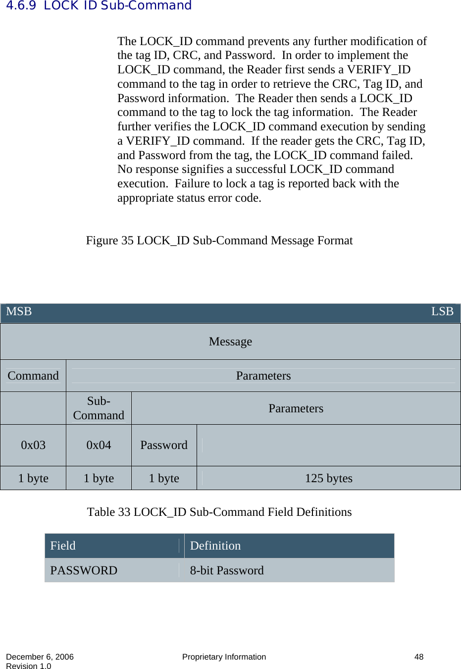  December 6, 2006  Proprietary Information      48 Revision 1.0 4.6.9  LOCK ID Sub-Command  The LOCK_ID command prevents any further modification of the tag ID, CRC, and Password.  In order to implement the LOCK_ID command, the Reader first sends a VERIFY_ID command to the tag in order to retrieve the CRC, Tag ID, and Password information.  The Reader then sends a LOCK_ID command to the tag to lock the tag information.  The Reader further verifies the LOCK_ID command execution by sending a VERIFY_ID command.  If the reader gets the CRC, Tag ID, and Password from the tag, the LOCK_ID command failed.  No response signifies a successful LOCK_ID command execution.  Failure to lock a tag is reported back with the appropriate status error code.   Figure 35 LOCK_ID Sub-Command Message Format     Table 33 LOCK_ID Sub-Command Field Definitions  Field  Definition PASSWORD  8-bit Password MSB                                                                                                                                 LSB Message Command  Parameters  Sub-Command  Parameters 0x03  0x04  Password   1 byte  1 byte  1 byte  125 bytes 