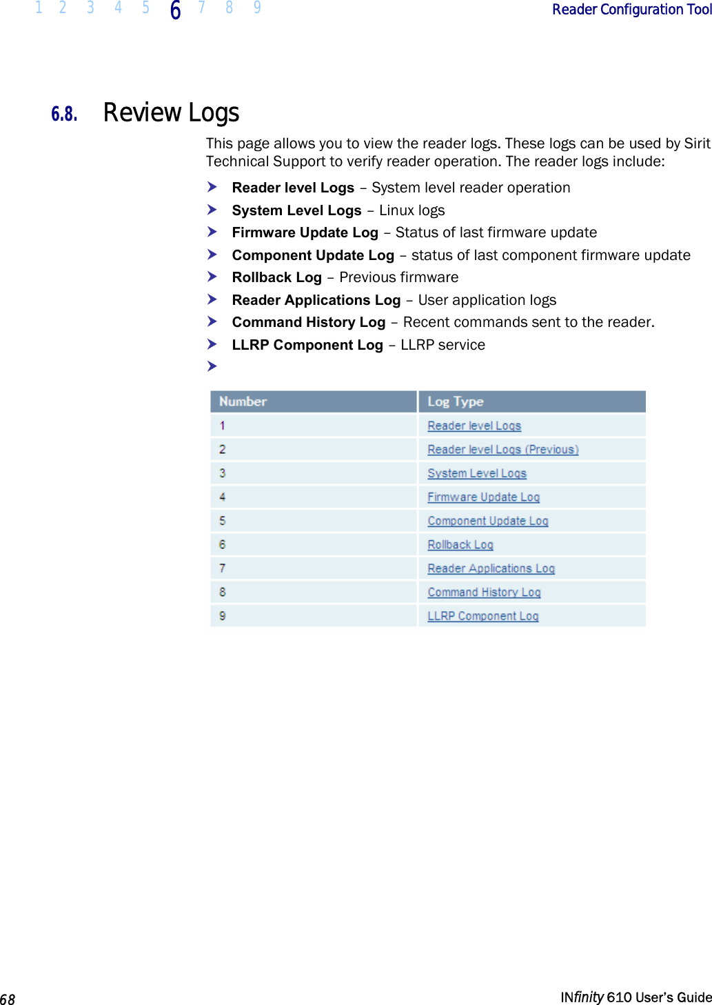  1 2  3  4 5  6  7 8 9        Reader Configuration Tool   68   INfinity 610 User’s Guide  6.8. Review Logs This page allows you to view the reader logs. These logs can be used by Sirit Technical Support to verify reader operation. The reader logs include: h Reader level Logs – System level reader operation h System Level Logs – Linux logs h Firmware Update Log – Status of last firmware update h Component Update Log – status of last component firmware update h Rollback Log – Previous firmware h Reader Applications Log – User application logs h Command History Log – Recent commands sent to the reader. h LLRP Component Log – LLRP service h    