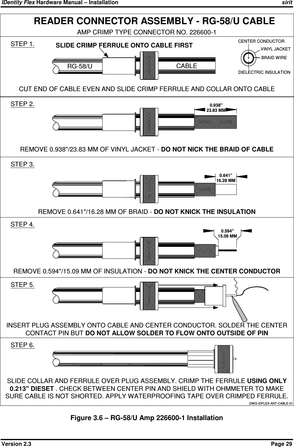 IDentity Flex Hardware Manual – Installation   sirit Version 2.3    Page 29 Figure 3.6 – RG-58/U Amp 226600-1 Installation READER CONNECTOR ASSEMBLY - RG-58/U CABLESTEP 1.RG-58/U CABLECUT END OF CABLE EVEN AND SLIDE CRIMP FERRULE AND COLLAR ONTO CABLESTEP 2.AMP CRIMP TYPE CONNECTOR NO. 226600-1REMOVE 0.938&quot;/23.83 MM OF VINYL JACKET - DO NOT NICK THE BRAID OF CABLESTEP 3.STEP 4.STEP 5.STEP 6.0.938&quot;23.83 MMREMOVE 0.641&quot;/16.28 MM OF BRAID - DO NOT KNICK THE INSULATIONREMOVE 0.594&quot;/15.09 MM OF INSULATION - DO NOT KNICK THE CENTER CONDUCTORINSERT PLUG ASSEMBLY ONTO CABLE AND CENTER CONDUCTOR. SOLDER THE CENTERCONTACT PIN BUT DO NOT ALLOW SOLDER TO FLOW ONTO OUTSIDE OF PIN0.641&quot;16.28 MM0.594&quot;15.09 MMSLIDE COLLAR AND FERRULE OVER PLUG ASSEMBLY. CRIMP THE FERRULE USING ONLY0.213&quot; DIESET . CHECK BETWEEN CENTER PIN AND SHIELD WITH OHMMETER TO MAKESURE CABLE IS NOT SHORTED. APPLY WATERPROOFING TAPE OVER CRIMPED FERRULE.VINYL JACKETBRAID WIREDIELECTRIC INSULATIONCENTER CONDUCTORDWG-IDFLEX-ANT-CABLE-01SLIDE CRIMP FERRULE ONTO CABLE FIRST 