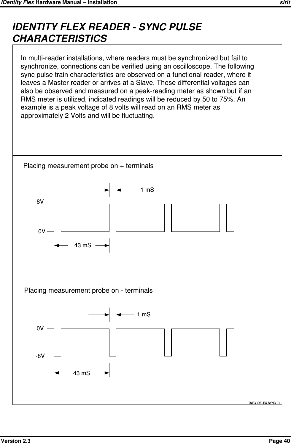 IDentity Flex Hardware Manual – Installation   sirit Version 2.3    Page 40 IDENTITY FLEX READER - SYNC PULSE CHARACTERISTICSIn multi-reader installations, where readers must be synchronized but fail tosynchronize, connections can be verified using an oscilloscope. The followingsync pulse train characteristics are observed on a functional reader, where itleaves a Master reader or arrives at a Slave. These differential voltages canalso be observed and measured on a peak-reading meter as shown but if anRMS meter is utilized, indicated readings will be reduced by 50 to 75%. Anexample is a peak voltage of 8 volts will read on an RMS meter asapproximately 2 Volts and will be fluctuating.Placing measurement probe on + terminals0V8V43 mS1 mSPlacing measurement probe on - terminals0V-8V43 mS1 mSDWG-IDFLEX-SYNC-01 