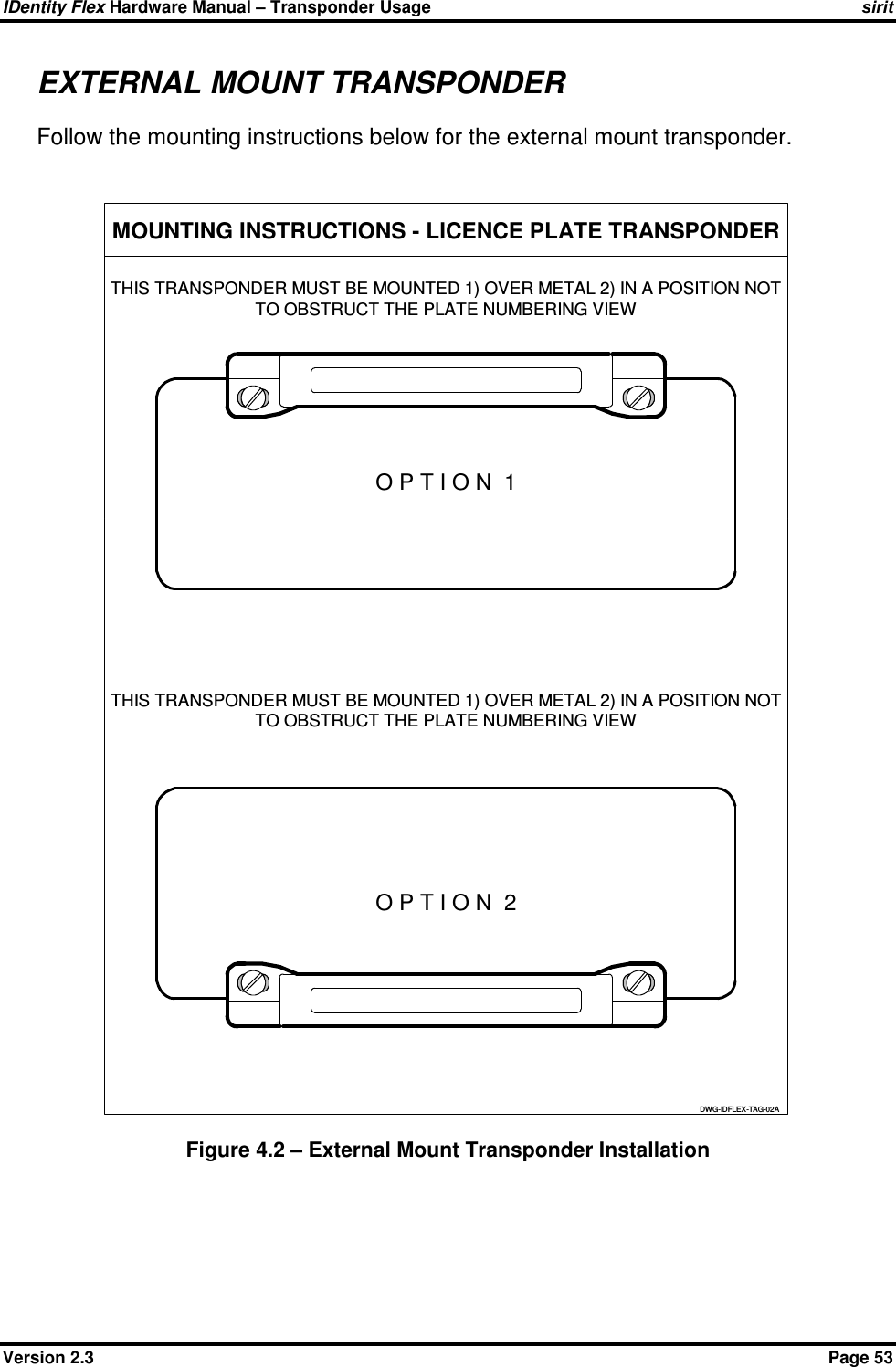 IDentity Flex Hardware Manual – Transponder Usage   sirit Version 2.3    Page 53 EXTERNAL MOUNT TRANSPONDER Follow the mounting instructions below for the external mount transponder.  Figure 4.2 – External Mount Transponder Installation  MOUNTING INSTRUCTIONS - LICENCE PLATE TRANSPONDERO P T I O N  1DWG-IDFLEX-TAG-02AO P T I O N  2THIS TRANSPONDER MUST BE MOUNTED 1) OVER METAL 2) IN A POSITION NOTTO OBSTRUCT THE PLATE NUMBERING VIEWTHIS TRANSPONDER MUST BE MOUNTED 1) OVER METAL 2) IN A POSITION NOTTO OBSTRUCT THE PLATE NUMBERING VIEW 