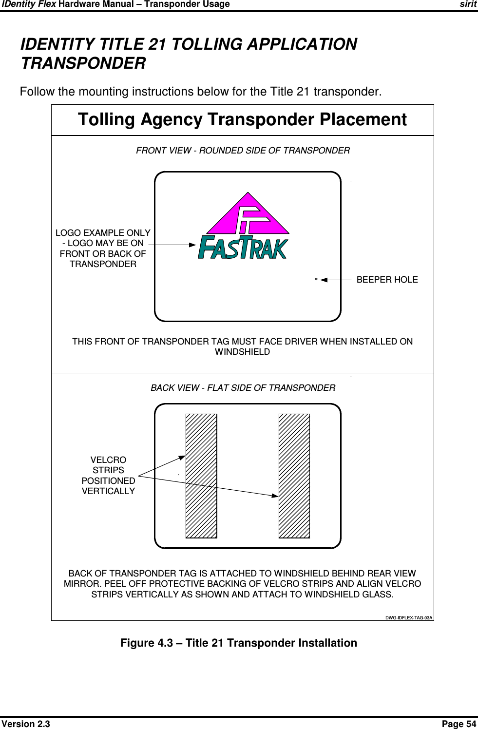 IDentity Flex Hardware Manual – Transponder Usage   sirit Version 2.3    Page 54 IDENTITY TITLE 21 TOLLING APPLICATION TRANSPONDER Follow the mounting instructions below for the Title 21 transponder.  Figure 4.3 – Title 21 Transponder Installation  Tolling Agency Transponder PlacementTHIS FRONT OF TRANSPONDER TAG MUST FACE DRIVER WHEN INSTALLED ONWINDSHIELDBACK OF TRANSPONDER TAG IS ATTACHED TO WINDSHIELD BEHIND REAR VIEWMIRROR. PEEL OFF PROTECTIVE BACKING OF VELCRO STRIPS AND ALIGN VELCROSTRIPS VERTICALLY AS SHOWN AND ATTACH TO WINDSHIELD GLASS.VELCROSTRIPSPOSITIONEDVERTICALLYBACK VIEW - FLAT SIDE OF TRANSPONDERBEEPER HOLEFRONT VIEW - ROUNDED SIDE OF TRANSPONDERLOGO EXAMPLE ONLY- LOGO MAY BE ONFRONT OR BACK OFTRANSPONDERDWG-IDFLEX-TAG-03A