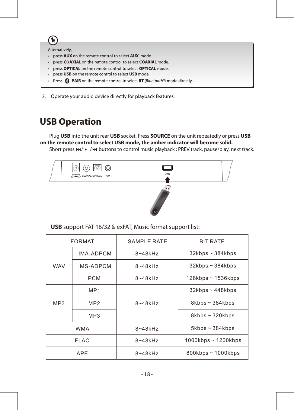 press USB on the remote control to select USB mode.USB Operation        Plug USB into the unit rear USB socket, Press SOURCE on the unit repeatedly or press USBon the remote control to select USB mode, the amber indicator will become solid.        Short press      /      /      buttons to control music playback : PREV track, pause/play, next track.         USB support FAT 16/32 &amp; exFAT, Music format support list:FORMAT SAMPLE RATE BIT RATEWAVMP3WMAAPEFLAC8~48kHz8~48kHz8~48kHz8~48kHz8~48kHz8~48kHz8~48kHzIMA-ADPCMMS-ADPCMPCMMP1MP2MP332kbps ~ 384kbps32kbps ~ 384kbps128kbps ~ 1536kbps32kbps ~ 448kbps8kbps ~ 384kbps8kbps ~ 320kbps5kbps ~ 384kbps1000kbps ~ 1200kbps800kbps ~ 1000kbps-18-
