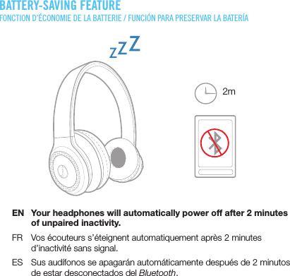 BATTERY-SAVING FEATUREFONCTION D’ÉCONOMIE DE LA BATTERIE / FUNCIÓN PARA PRESERVAR LA BATERÍAEN  Your headphones will automatically power off after 2 minutes of unpaired inactivity.FR  Vos écouteurs s’éteignent automatiquement après 2 minutes d’inactivité sans signal.ES  Sus audífonos se apagarán automáticamente después de 2 minutos de estar desconectados del Bluetooth.2m