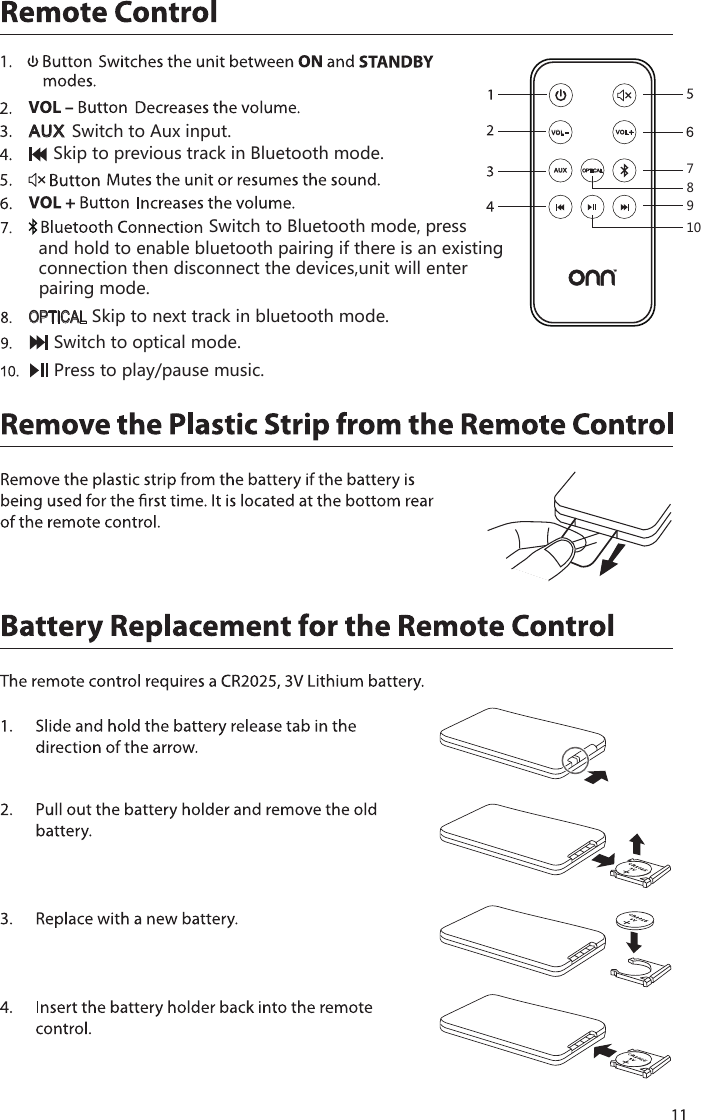 VOL VO LAUX OPTICALTM78109AUX Switch to Aux input.Skip to previous track in Bluetooth mode.OPTICAL Skip to next track in bluetooth mode.Switch to optical mode.Press to play/pause music.Switch to Bluetooth mode, pressand hold to enable bluetooth pairing if there is an existingconnection then disconnect the devices,unit will enterpairing mode.