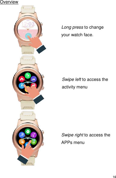16 Overview                        Long press to change your watch face.   Swipe left to access the activity menu   Swipe right to access the APPs menu  