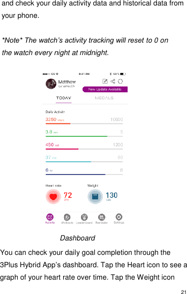 21 and check your daily activity data and historical data from your phone.   *Note* The watch’s activity tracking will reset to 0 on the watch every night at midnight.                You can check your daily goal completion through the 3Plus Hybrid App’s dashboard. Tap the Heart icon to see a graph of your heart rate over time. Tap the Weight icon Dashboard  