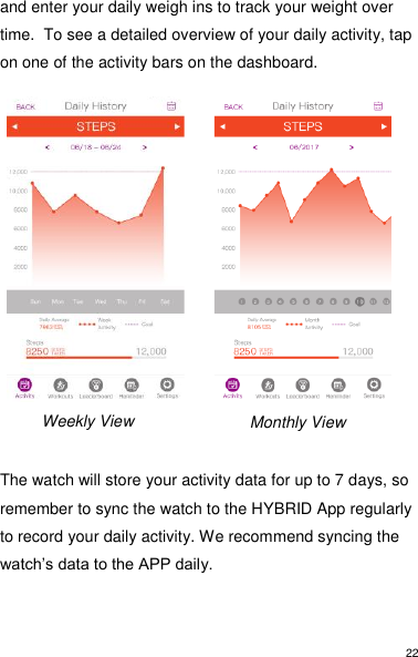 22 and enter your daily weigh ins to track your weight over time.  To see a detailed overview of your daily activity, tap on one of the activity bars on the dashboard.               The watch will store your activity data for up to 7 days, so remember to sync the watch to the HYBRID App regularly to record your daily activity. We recommend syncing the watch’s data to the APP daily.  Weekly View  Monthly View  