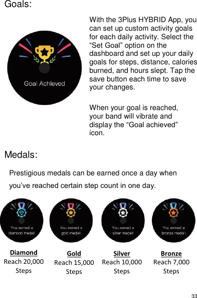 33 Goals:  With the 3Plus HYBRID App, you can set up custom activity goals for each daily activity. Select the “Set Goal” option on the dashboard and set up your daily goals for steps, distance, calories burned, and hours slept. Tap the save button each time to save your changes.  When your goal is reached, your band will vibrate and display the “Goal achieved” icon.  Medals:  Prestigious medals can be earned once a day when you’ve reached certain step count in one day.         Diamond Reach 20,000 Steps Gold Reach 15,000 Steps Silver Reach 10,000 Steps Bronze Reach 7,000 Steps 
