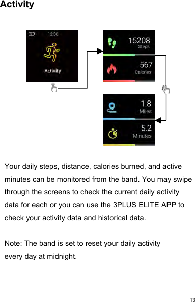 13ActivityYour daily steps, distance, calories burned, and activeminutes can be monitored from the band. You may swipethrough the screens to check the current daily activitydata for each or you can use the 3PLUS ELITE APP tocheck your activity data and historical data.Note: The band is set to reset your daily activityevery day at midnight.