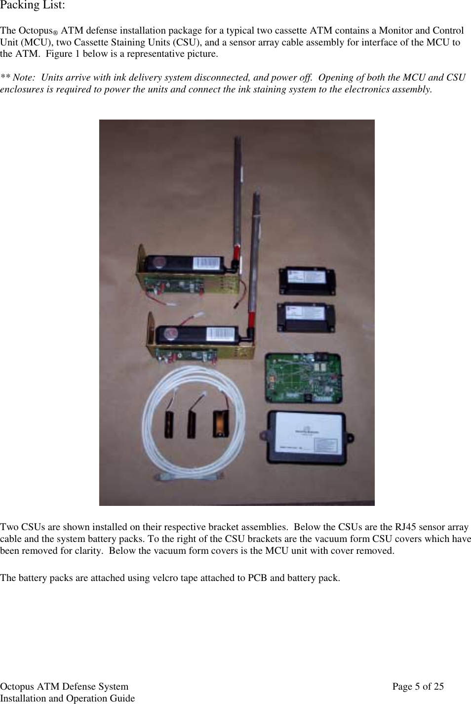 Octopus ATM Defense SystemInstallation and Operation Guide Page 5 of 25Packing List:The Octopus ATM defense installation package for a typical two cassette ATM contains a Monitor and ControlUnit (MCU), two Cassette Staining Units (CSU), and a sensor array cable assembly for interface of the MCU tothe ATM.  Figure 1 below is a representative picture.** Note:  Units arrive with ink delivery system disconnected, and power off.  Opening of both the MCU and CSUenclosures is required to power the units and connect the ink staining system to the electronics assembly.Two CSUs are shown installed on their respective bracket assemblies.  Below the CSUs are the RJ45 sensor arraycable and the system battery packs. To the right of the CSU brackets are the vacuum form CSU covers which havebeen removed for clarity.  Below the vacuum form covers is the MCU unit with cover removed.The battery packs are attached using velcro tape attached to PCB and battery pack.