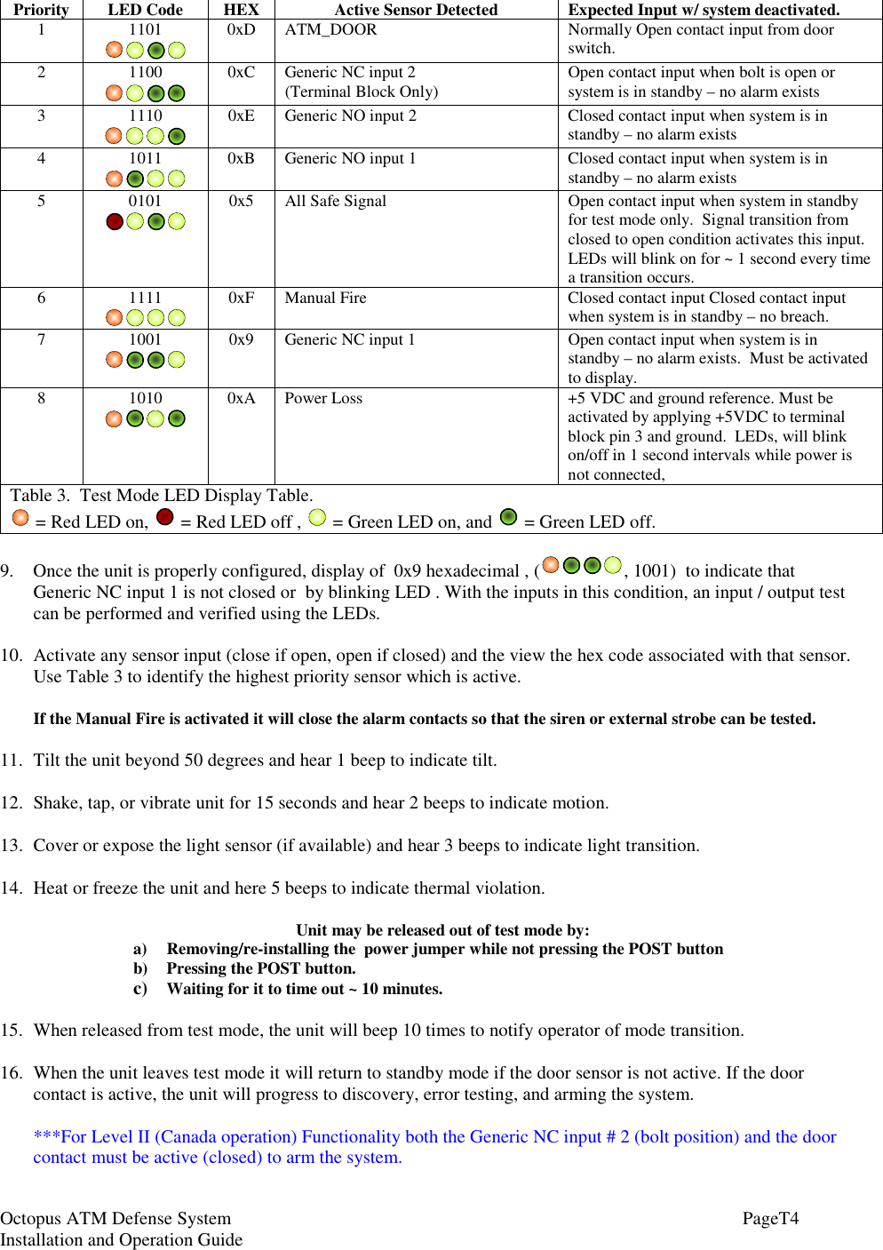 Octopus ATM Defense SystemInstallation and Operation Guide PageT4Priority LED Code HEX Active Sensor Detected Expected Input w/ system deactivated.1 1101 0xD ATM_DOOR Normally Open contact input from doorswitch.2 1100 0xC Generic NC input 2(Terminal Block Only) Open contact input when bolt is open orsystem is in standby – no alarm exists3 1110 0xE Generic NO input 2 Closed contact input when system is instandby – no alarm exists4 1011 0xB Generic NO input 1 Closed contact input when system is instandby – no alarm exists5 0101 0x5 All Safe Signal Open contact input when system in standbyfor test mode only.  Signal transition fromclosed to open condition activates this input.LEDs will blink on for ~ 1 second every timea transition occurs.6 1111 0xF Manual Fire Closed contact input Closed contact inputwhen system is in standby – no breach.7 1001 0x9 Generic NC input 1 Open contact input when system is instandby – no alarm exists.  Must be activatedto display.8 1010 0xA Power Loss +5 VDC and ground reference. Must beactivated by applying +5VDC to terminalblock pin 3 and ground.  LEDs, will blinkon/off in 1 second intervals while power isnot connected,Table 3.  Test Mode LED Display Table. = Red LED on,   = Red LED off ,   = Green LED on, and   = Green LED off.9. Once the unit is properly configured, display of  0x9 hexadecimal , ( , 1001)  to indicate thatGeneric NC input 1 is not closed or  by blinking LED . With the inputs in this condition, an input / output testcan be performed and verified using the LEDs.10. Activate any sensor input (close if open, open if closed) and the view the hex code associated with that sensor.Use Table 3 to identify the highest priority sensor which is active.If the Manual Fire is activated it will close the alarm contacts so that the siren or external strobe can be tested.11. Tilt the unit beyond 50 degrees and hear 1 beep to indicate tilt.12. Shake, tap, or vibrate unit for 15 seconds and hear 2 beeps to indicate motion.13. Cover or expose the light sensor (if available) and hear 3 beeps to indicate light transition.14. Heat or freeze the unit and here 5 beeps to indicate thermal violation.Unit may be released out of test mode by:a) Removing/re-installing the  power jumper while not pressing the POST buttonb) Pressing the POST button.c) Waiting for it to time out ~ 10 minutes.15. When released from test mode, the unit will beep 10 times to notify operator of mode transition.16. When the unit leaves test mode it will return to standby mode if the door sensor is not active. If the doorcontact is active, the unit will progress to discovery, error testing, and arming the system.***For Level II (Canada operation) Functionality both the Generic NC input # 2 (bolt position) and the doorcontact must be active (closed) to arm the system.