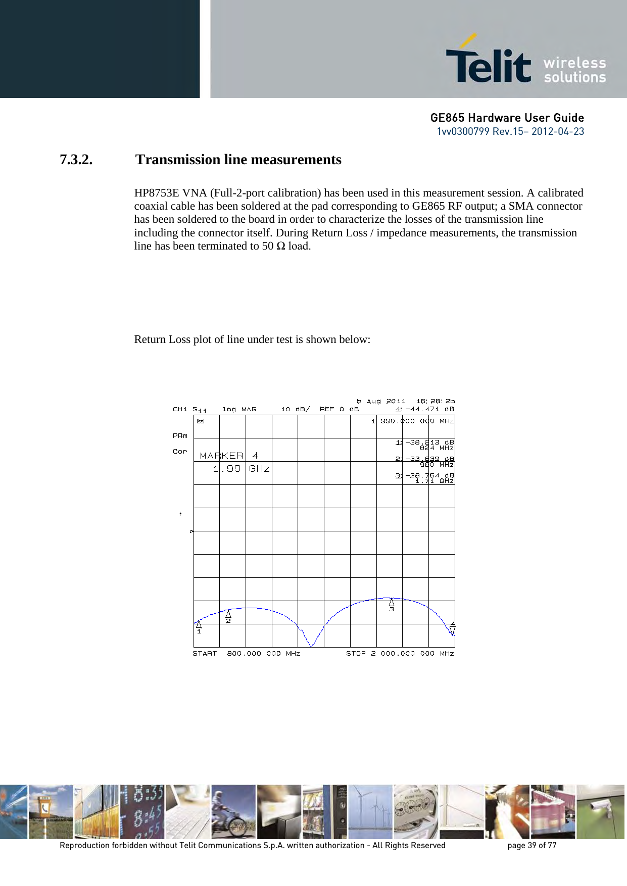 GE865 Hardware User Guide 1vv0300799 Rev.15– 2012-04-23 Reproduction forbidden without Telit Communications S.p.A. written authorization - All Rights Reserved page 39 of 77 7.3.2. Transmission line measurements HP8753E VNA (Full-2-port calibration) has been used in this measurement session. A calibrated coaxial cable has been soldered at the pad corresponding to GE865 RF output; a SMA connector has been soldered to the board in order to characterize the losses of the transmission line including the connector itself. During Return Loss / impedance measurements, the transmission line has been terminated to 50 Ω load. Return Loss plot of line under test is shown below:
