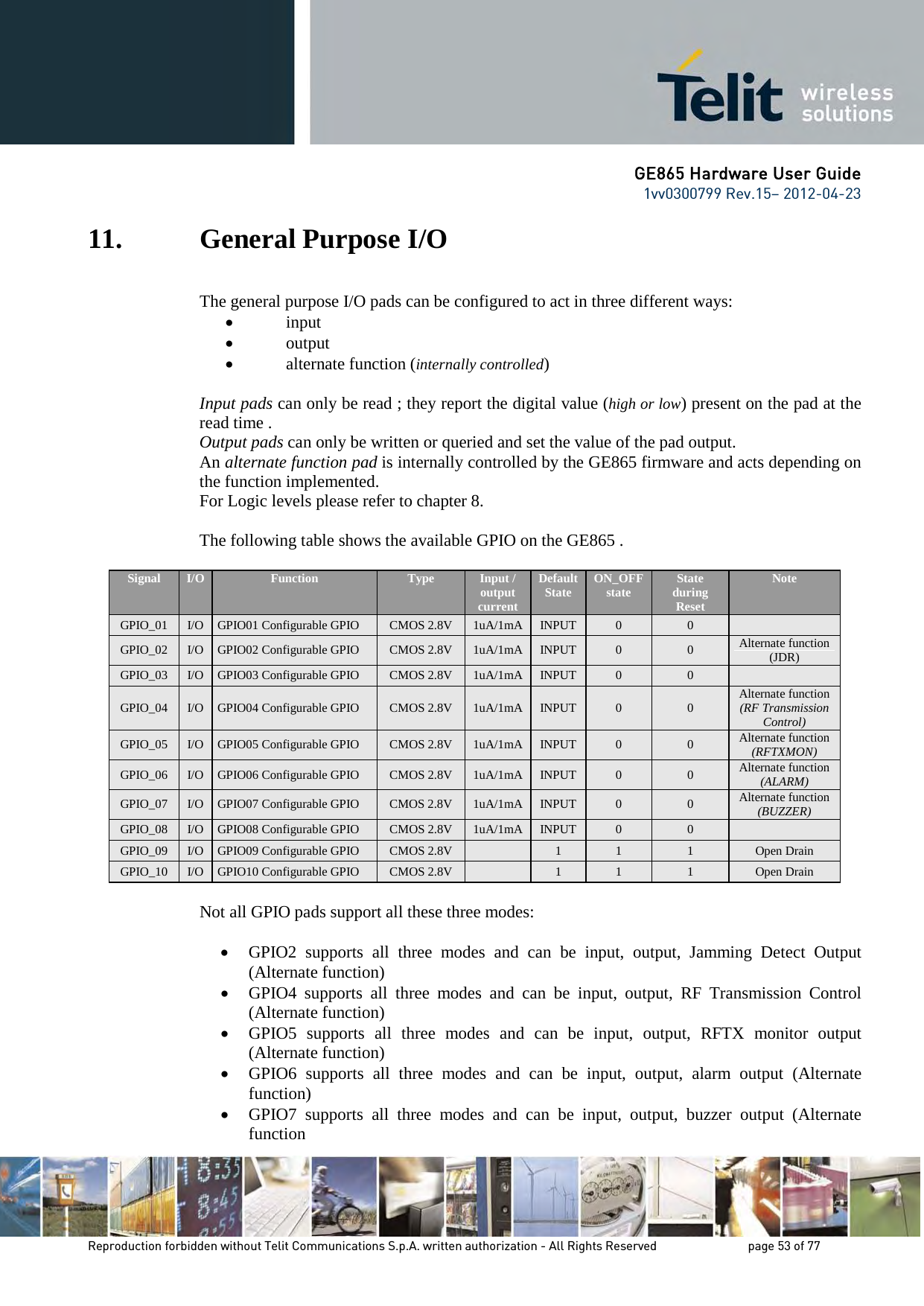 GE865 Hardware User Guide 1vv0300799 Rev.15– 2012-04-23 Reproduction forbidden without Telit Communications S.p.A. written authorization - All Rights Reserved page 53 of 77 11. General Purpose I/O The general purpose I/O pads can be configured to act in three different ways: • input • output • alternate function (internally controlled) Input pads can only be read ; they report the digital value (high or low) present on the pad at the read time . Output pads can only be written or queried and set the value of the pad output. An alternate function pad is internally controlled by the GE865 firmware and acts depending on the function implemented. For Logic levels please refer to chapter 8. The following table shows the available GPIO on the GE865 . Signal I/O Function Type Input / output current Default State ON_OFF state State during Reset Note GPIO_01 I/O GPIO01 Configurable GPIO CMOS 2.8V 1uA/1mA INPUT 0 0 GPIO_02 I/O GPIO02 Configurable GPIO CMOS 2.8V 1uA/1mA INPUT 0 0 Alternate function (JDR) GPIO_03 I/O GPIO03 Configurable GPIO CMOS 2.8V 1uA/1mA INPUT 0 0 GPIO_04 I/O GPIO04 Configurable GPIO CMOS 2.8V 1uA/1mA INPUT 0 0 Alternate function (RF Transmission Control) GPIO_05 I/O GPIO05 Configurable GPIO CMOS 2.8V 1uA/1mA INPUT 0 0 Alternate function (RFTXMON) GPIO_06 I/O GPIO06 Configurable GPIO CMOS 2.8V 1uA/1mA INPUT 0 0 Alternate function (ALARM) GPIO_07 I/O GPIO07 Configurable GPIO CMOS 2.8V 1uA/1mA INPUT 0 0 Alternate function (BUZZER) GPIO_08 I/O GPIO08 Configurable GPIO CMOS 2.8V 1uA/1mA INPUT 0 0 GPIO_09 I/O GPIO09 Configurable GPIO CMOS 2.8V 1 1 1 Open Drain GPIO_10 I/O GPIO10 Configurable GPIO CMOS 2.8V 1 1 1 Open Drain Not all GPIO pads support all these three modes: • GPIO2 supports all three modes and can be input, output, Jamming Detect Output (Alternate function) • GPIO4 supports all three modes and can be input, output, RF Transmission Control (Alternate function) • GPIO5 supports all three modes and can be input, output, RFTX monitor output (Alternate function) • GPIO6 supports all three modes and can be input, output, alarm output (Alternate function) • GPIO7 supports all three modes and can be input, output, buzzer output (Alternate function