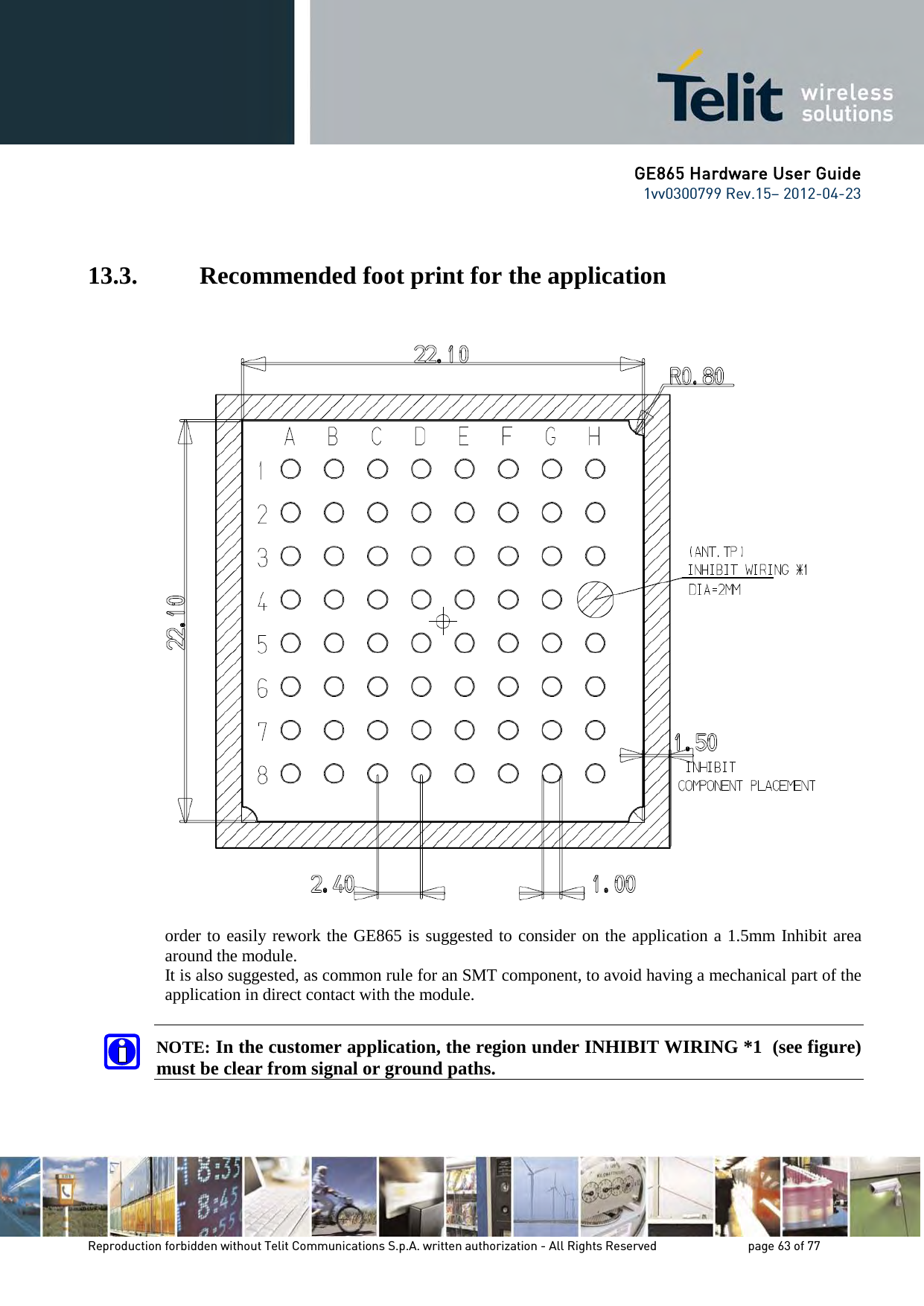 GE865 Hardware User Guide 1vv0300799 Rev.15– 2012-04-23 Reproduction forbidden without Telit Communications S.p.A. written authorization - All Rights Reserved page 63 of 77 13.3. Recommended foot print for the application In order to easily rework the GE865 is suggested to consider on the application a 1.5mm Inhibit area around the module. It is also suggested, as common rule for an SMT component, to avoid having a mechanical part of the application in direct contact with the module. NOTE: In the customer application, the region under INHIBIT WIRING *1 (see figure) must be clear from signal or ground paths.