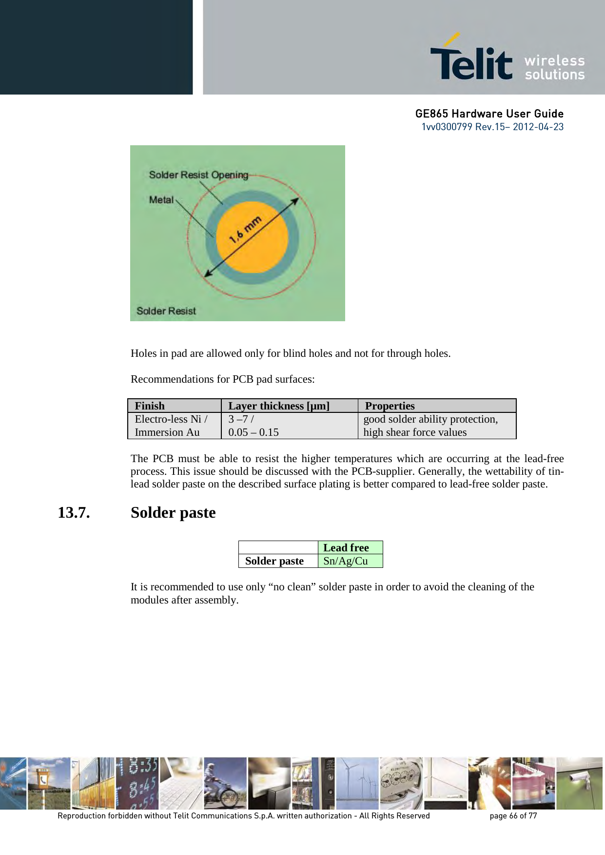      GE865 Hardware User Guide 1vv0300799 Rev.15– 2012-04-23       Reproduction forbidden without Telit Communications S.p.A. written authorization - All Rights Reserved    page 66 of 77                 Holes in pad are allowed only for blind holes and not for through holes.  Recommendations for PCB pad surfaces:  Finish Layer thickness [µm] Properties Electro-less Ni / Immersion Au 3 –7 /  0.05 – 0.15 good solder ability protection, high shear force values  The PCB must be able to resist the higher temperatures which are occurring at the lead-free process. This issue should be discussed with the PCB-supplier. Generally, the wettability of tin-lead solder paste on the described surface plating is better compared to lead-free solder paste. 13.7. Solder paste   Lead free Solder paste Sn/Ag/Cu  It is recommended to use only “no clean” solder paste in order to avoid the cleaning of the modules after assembly. 