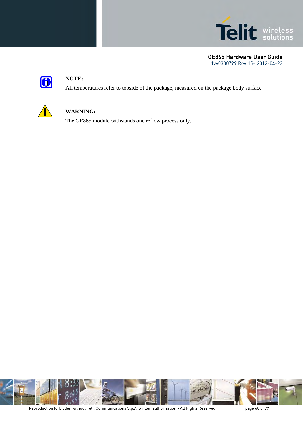 GE865 Hardware User Guide 1vv0300799 Rev.15– 2012-04-23 Reproduction forbidden without Telit Communications S.p.A. written authorization - All Rights Reserved page 68 of 77 NOTE: All temperatures refer to topside of the package, measured on the package body surface WARNING: The GE865 module withstands one reflow process only.