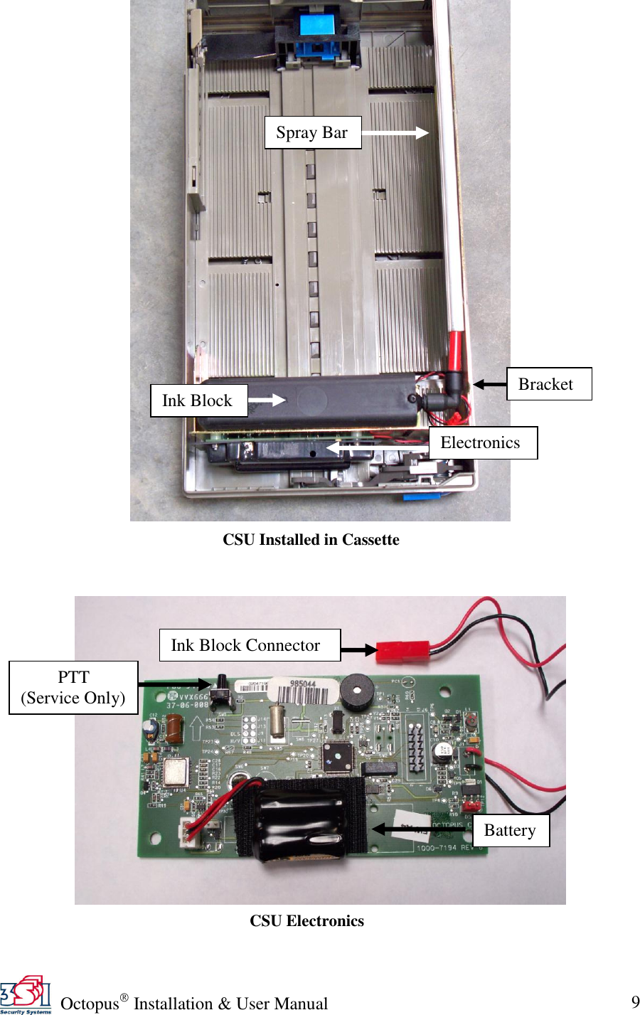   Octopus  Installation &amp; User Manual 9          Spray Bar Ink Block Electronics PTT (Service Only) Battery Ink Block Connector CSU Installed in Cassette CSU Electronics Bracket 