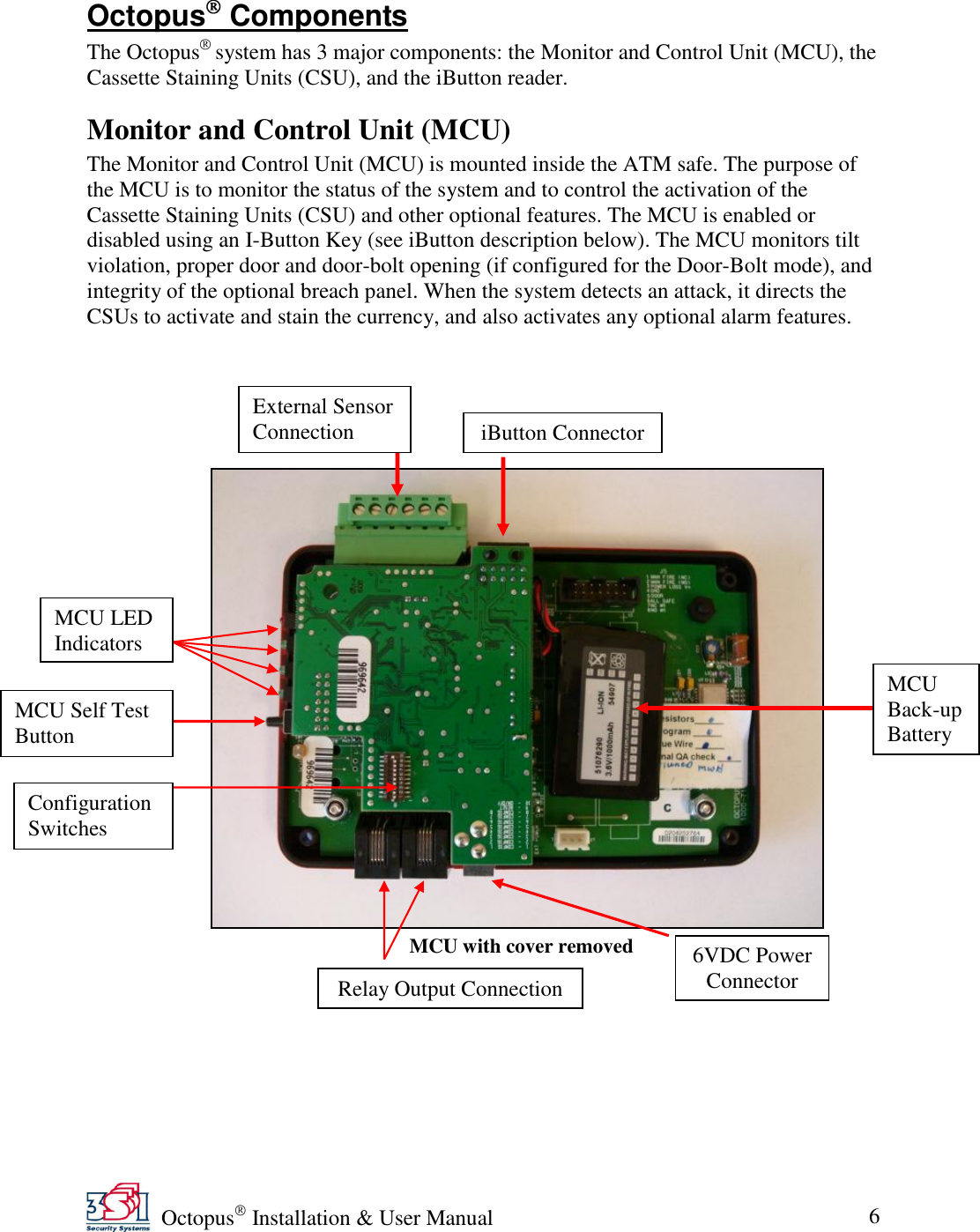   Octopus  Installation &amp; User Manual 6 Octopus  Components The Octopus  system has 3 major components: the Monitor and Control Unit (MCU), the Cassette Staining Units (CSU), and the iButton reader. Monitor and Control Unit (MCU) The Monitor and Control Unit (MCU) is mounted inside the ATM safe. The purpose of the MCU is to monitor the status of the system and to control the activation of the Cassette Staining Units (CSU) and other optional features. The MCU is enabled or disabled using an I-Button Key (see iButton description below). The MCU monitors tilt violation, proper door and door-bolt opening (if configured for the Door-Bolt mode), and integrity of the optional breach panel. When the system detects an attack, it directs the CSUs to activate and stain the currency, and also activates any optional alarm features.     MCU Back-up Battery MCU Self Test Button  MCU LED Indicators  External Sensor Connection iButton Connector MCU with cover removed  Relay Output Connection Configuration Switches 6VDC Power Connector 