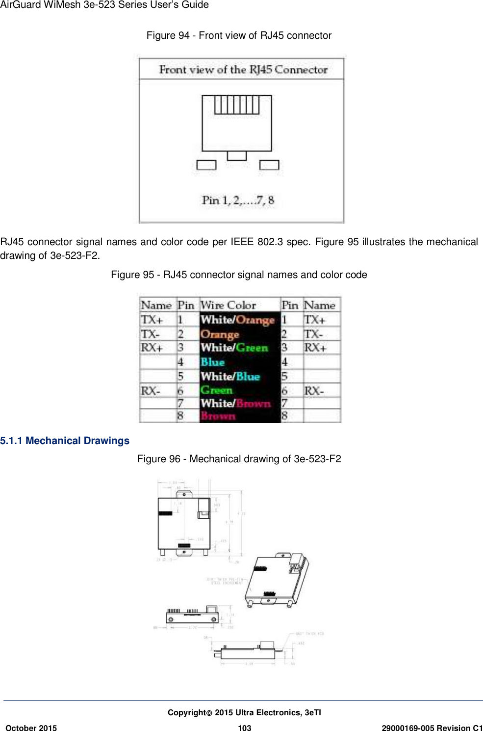 AirGuard WiMesh 3e-523 Series User’s Guide  Copyright 2015 Ultra Electronics, 3eTI October 2015 103 29000169-005 Revision C1     Figure 94 - Front view of RJ45 connector  RJ45 connector signal names and color code per IEEE 802.3 spec. Figure 95 illustrates the mechanical drawing of 3e-523-F2. Figure 95 - RJ45 connector signal names and color code  5.1.1 Mechanical Drawings Figure 96 - Mechanical drawing of 3e-523-F2  