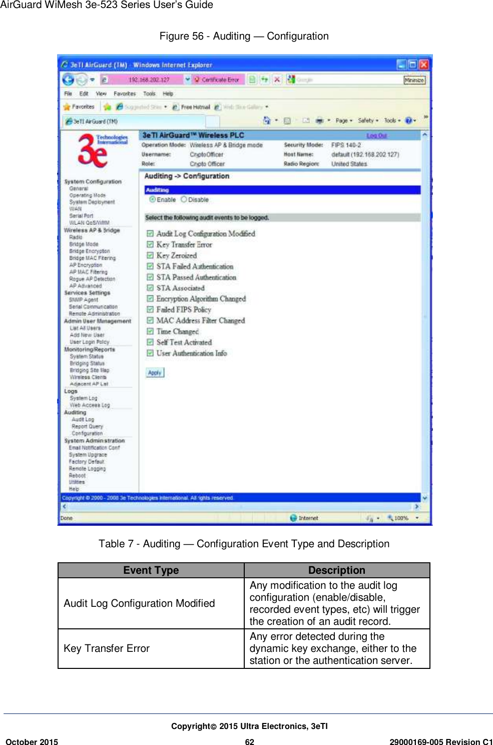 AirGuard WiMesh 3e-523 Series User’s Guide Copyright 2015 Ultra Electronics, 3eTI October 2015 62 29000169-005 Revision C1     Figure 56 - Auditing — Configuration  Table 7 - Auditing — Configuration Event Type and Description Event Type Description Audit Log Configuration Modified   Any modification to the audit log configuration (enable/disable, recorded event types, etc) will trigger the creation of an audit record.   Key Transfer Error   Any error detected during the dynamic key exchange, either to the station or the authentication server.   