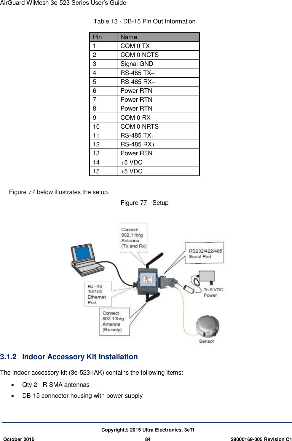 AirGuard WiMesh 3e-523 Series User’s Guide  Copyright 2015 Ultra Electronics, 3eTI October 2015 84 29000169-005 Revision C1     Table 13 - DB-15 Pin Out Information Pin Name   1 COM 0 TX   2 COM 0 NCTS   3 Signal GND   4 RS-485 TX–   5 RS-485 RX–   6 Power RTN   7 Power RTN   8 Power RTN   9 COM 0 RX   10 COM 0 NRTS   11 RS-485 TX+   12 RS-485 RX+   13 Power RTN   14 +5 VDC   15 +5 VDC  Figure 77 below illustrates the setup. Figure 77 - Setup  3.1.2  Indoor Accessory Kit Installation The indoor accessory kit (3e-523-IAK) contains the following items:   Qty 2 - R-SMA antennas  DB-15 connector housing with power supply 