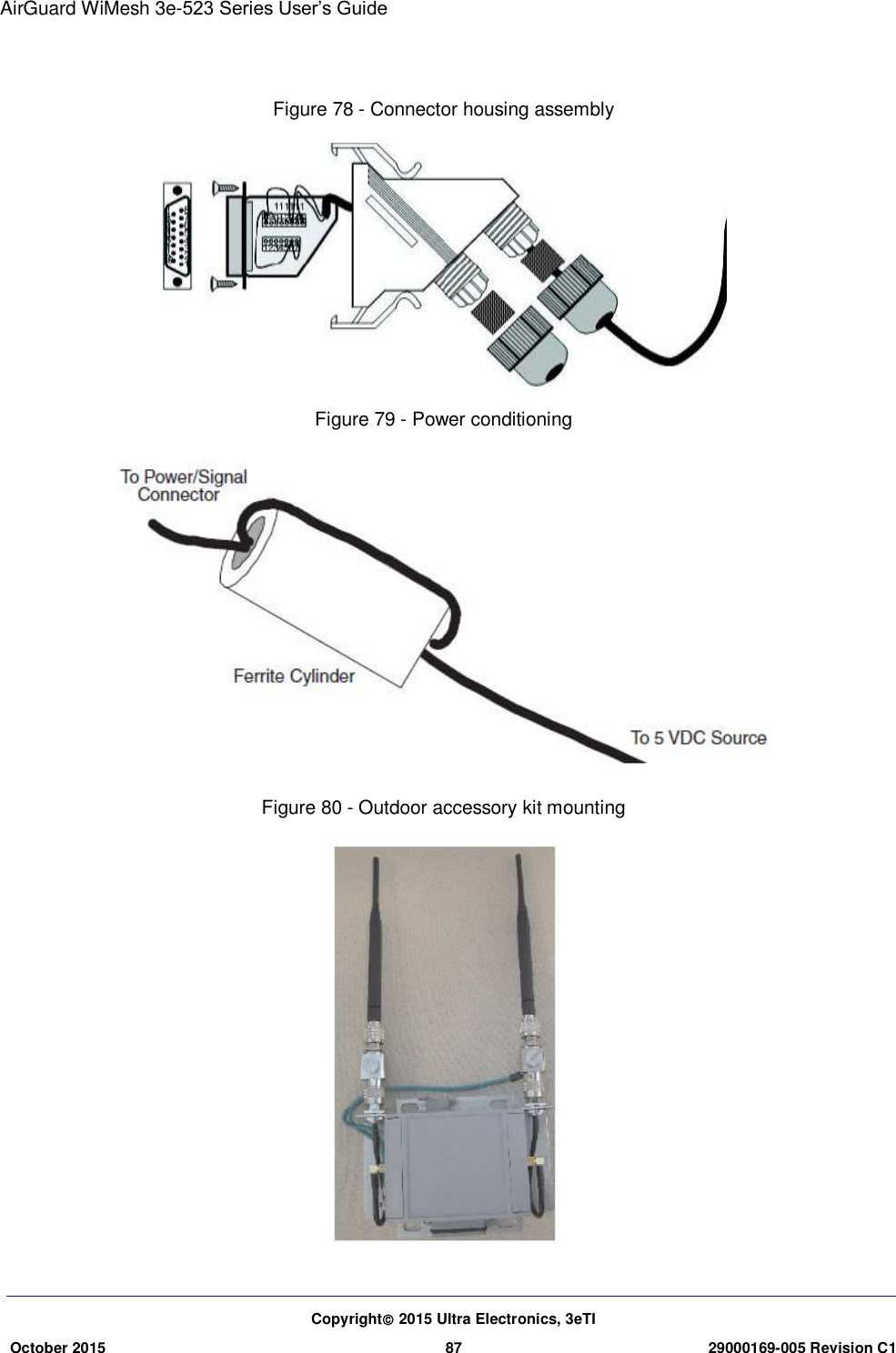 AirGuard WiMesh 3e-523 Series User’s Guide  Copyright 2015 Ultra Electronics, 3eTI October 2015 87 29000169-005 Revision C1      Figure 78 - Connector housing assembly  Figure 79 - Power conditioning  Figure 80 - Outdoor accessory kit mounting  