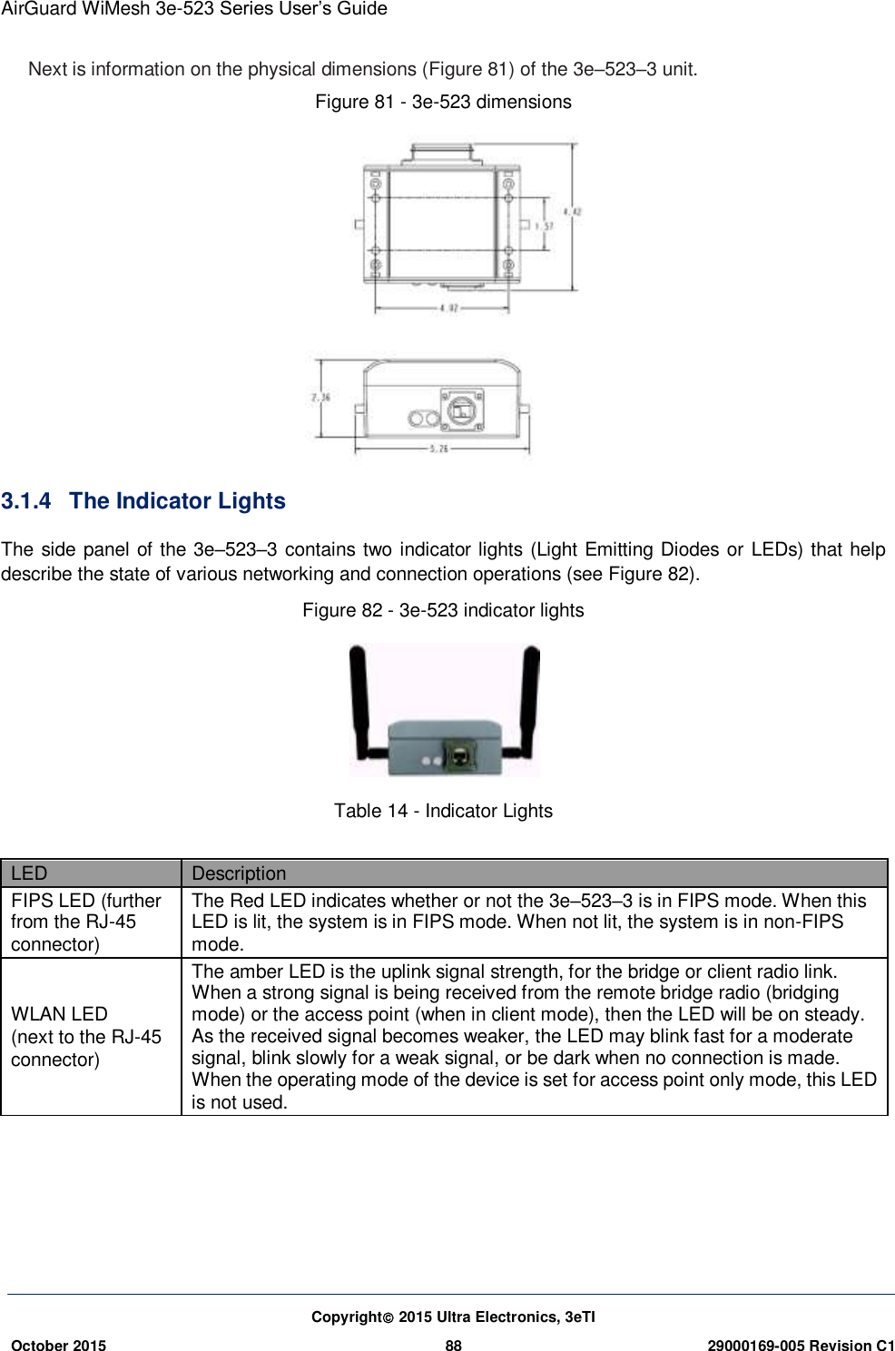 AirGuard WiMesh 3e-523 Series User’s Guide  Copyright 2015 Ultra Electronics, 3eTI October 2015 88 29000169-005 Revision C1     Next is information on the physical dimensions (Figure 81) of the 3e–523–3 unit. Figure 81 - 3e-523 dimensions  3.1.4  The Indicator Lights   The side panel of the 3e–523–3 contains two indicator lights (Light Emitting Diodes or LEDs) that help describe the state of various networking and connection operations (see Figure 82).   Figure 82 - 3e-523 indicator lights  Table 14 - Indicator Lights  LED Description FIPS LED (further from the RJ-45 connector) The Red LED indicates whether or not the 3e–523–3 is in FIPS mode. When this LED is lit, the system is in FIPS mode. When not lit, the system is in non-FIPS mode.   WLAN LED (next to the RJ-45 connector) The amber LED is the uplink signal strength, for the bridge or client radio link. When a strong signal is being received from the remote bridge radio (bridging mode) or the access point (when in client mode), then the LED will be on steady. As the received signal becomes weaker, the LED may blink fast for a moderate signal, blink slowly for a weak signal, or be dark when no connection is made. When the operating mode of the device is set for access point only mode, this LED is not used.   