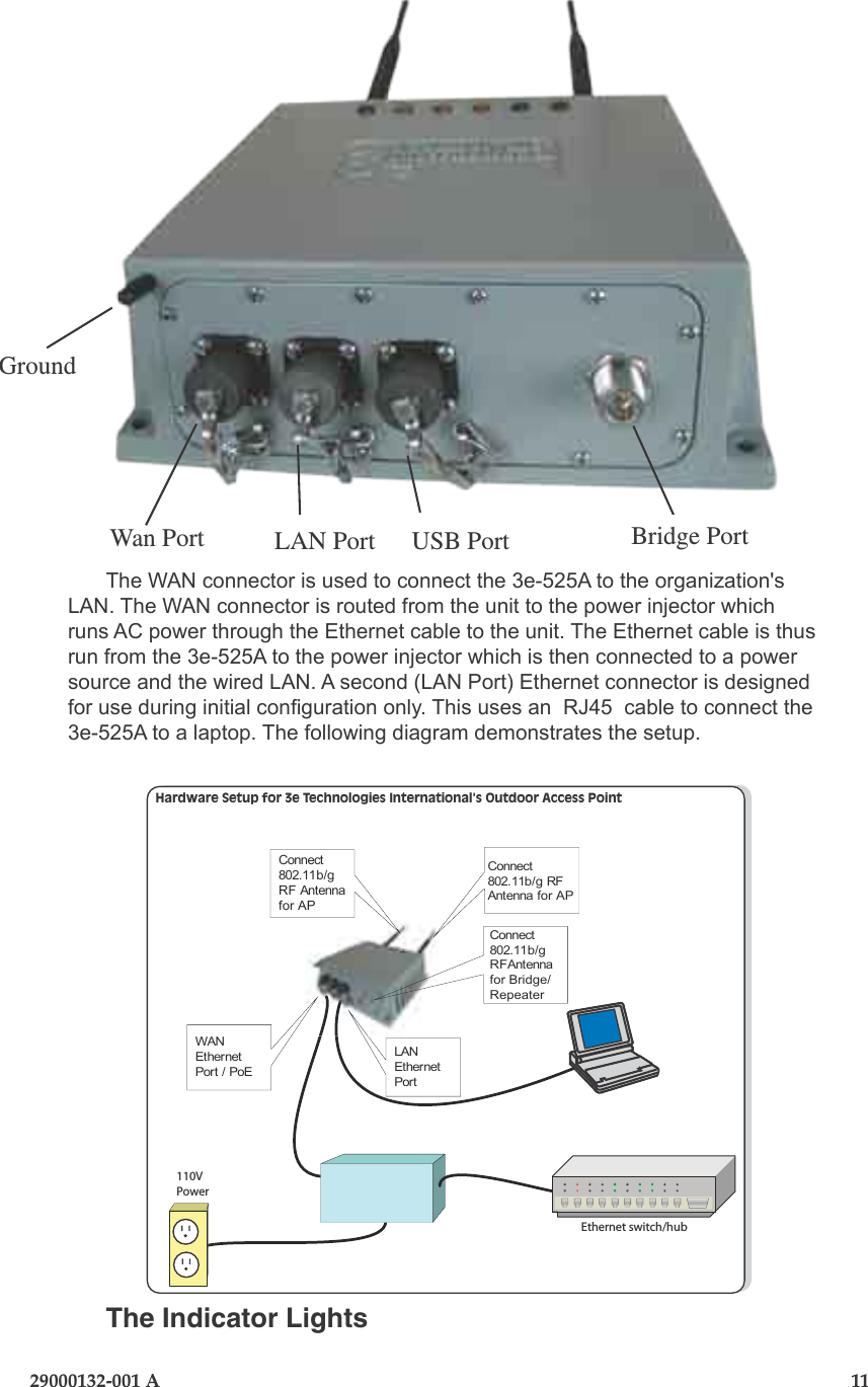 3e-525A Wireless Access Point10                              29000132-001 A  29000132-001 A                       11The WAN connector is used to connect the 3e-525A to the organization&apos;s  LAN. The WAN connector is routed from the unit to the power injector which runs AC power through the Ethernet cable to the unit. The Ethernet cable is thus run from the 3e-525A to the power injector which is then connected to a power source and the wired LAN. A second (LAN Port) Ethernet connector is designed for use during initial conguration only. This uses an  RJ45  cable to connect the 3e-525A to a laptop. The following diagram demonstrates the setup.Connect802.11b/g RF Antennafor APConnect802.11b/g RFAntenna for APWANEthernetPort / PoELANEthernetPortPowerInjector110VPowerEthernet switch/hubHardware Setup for 3e Technologies International&apos;s Outdoor Access PointConnect802.11b/g RFAntennafor Bridge/RepeaterThe Indicator LightsWan Port LAN Port Bridge PortGroundUSB Port