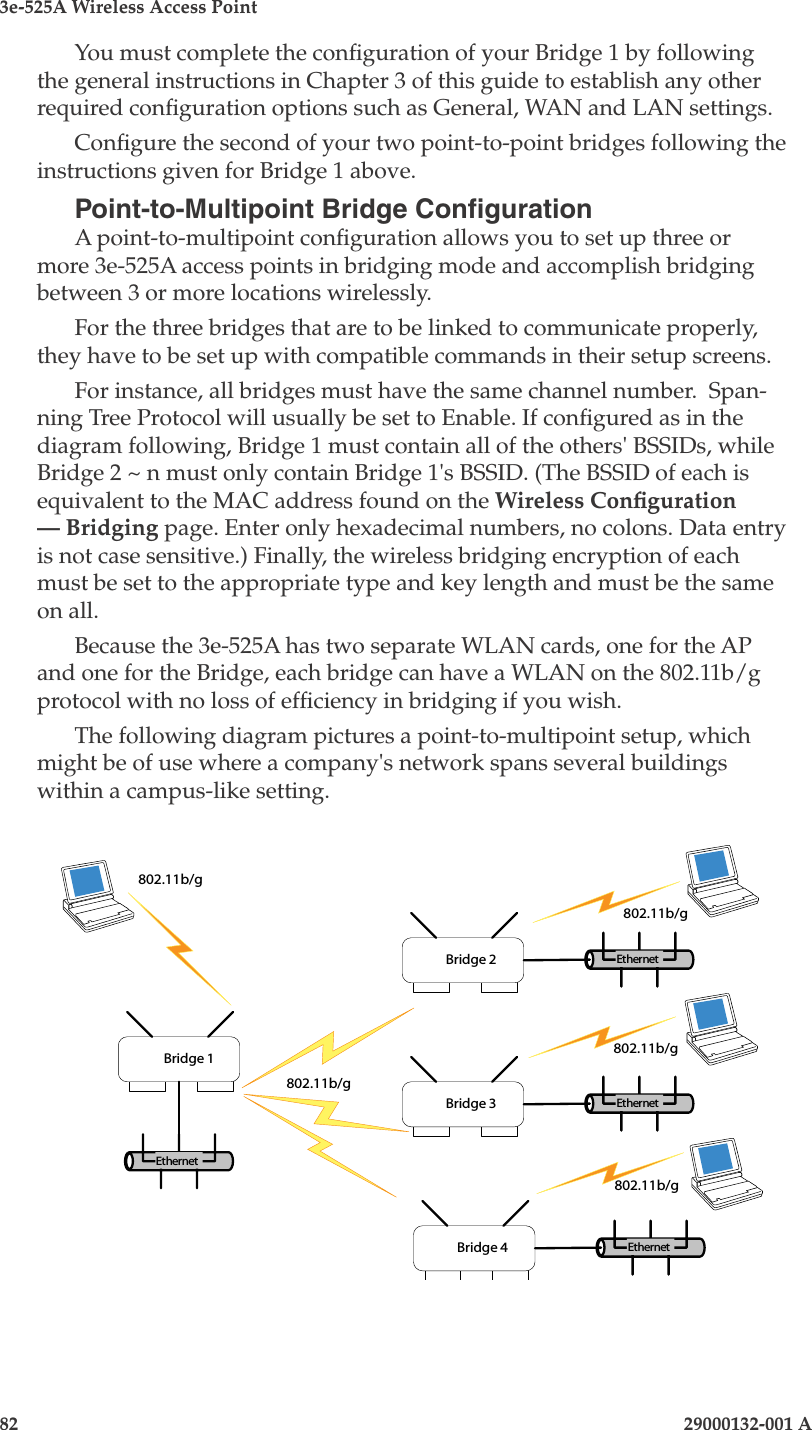 3e-525A Wireless Access Point82                            29000132-001 AChapter 5: Congure as bridge29000132-001 A                            83You must complete the conguration of your Bridge 1 by following the general instructions in Chapter 3 of this guide to establish any other required conguration options such as General, WAN and LAN settings.Congure the second of your two point-to-point bridges following the instructions given for Bridge 1 above. Point-to-Multipoint Bridge CongurationA point-to-multipoint conguration allows you to set up three or more 3e-525A access points in bridging mode and accomplish bridging between 3 or more locations wirelessly. For the three bridges that are to be linked to communicate properly, they have to be set up with compatible commands in their setup screens.For instance, all bridges must have the same channel number.  Span-ning Tree Protocol will usually be set to Enable. If congured as in the diagram following, Bridge 1 must contain all of the others&apos; BSSIDs, while Bridge 2 ~ n must only contain Bridge 1&apos;s BSSID. (The BSSID of each is equivalent to the MAC address found on the Wireless Conguration — Bridging page. Enter only hexadecimal numbers, no colons. Data entry is not case sensitive.) Finally, the wireless bridging encryption of each must be set to the appropriate type and key length and must be the same on all.Because the 3e-525A has two separate WLAN cards, one for the AP and one for the Bridge, each bridge can have a WLAN on the 802.11b/g protocol with no loss of efciency in bridging if you wish.The following diagram pictures a point-to-multipoint setup, which might be of use where a company&apos;s network spans several buildings within a campus-like setting.     