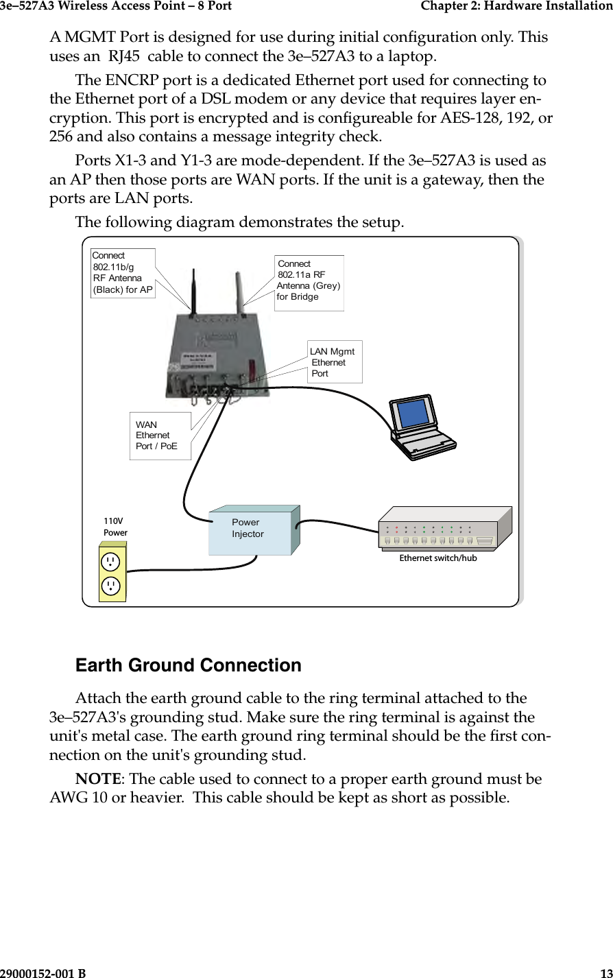 3e–527A3 Wireless Access Point – 8 Port  Chapter 2: Hardware Installaton12  29000152-001 B3e–527A3 Wireless Access Point – 8 Port  Chapter 2: Hardware Installation29000152-001 B  13A MGMT Port is designed for use during initial conguration only. This uses an  RJ45  cable to connect the 3e–527A3 to a laptop. The ENCRP port is a dedicated Ethernet port used for connecting to the Ethernet port of a DSL modem or any device that requires layer en-cryption. This port is encrypted and is congureable for AES-128, 192, or 256 and also contains a message integrity check.Ports X1-3 and Y1-3 are mode-dependent. If the 3e–527A3 is used as an AP then those ports are WAN ports. If the unit is a gateway, then the ports are LAN ports. The following diagram demonstrates the setup.Connect802.11b/g RF Antenna(Black) for APConnect802.11a RFAntenna (Grey)for BridgePowerInjector110VPowerEthernet switch/hubLAN MgmtEthernetPortWANEthernetPort / PoEPowerInjectorEarth Ground ConnectionAttach the earth ground cable to the ring terminal attached to the 3e–527A3&apos;s grounding stud. Make sure the ring terminal is against the unit&apos;s metal case. The earth ground ring terminal should be the rst con-nection on the unit&apos;s grounding stud. NOTE: The cable used to connect to a proper earth ground must be AWG 10 or heavier.  This cable should be kept as short as possible.