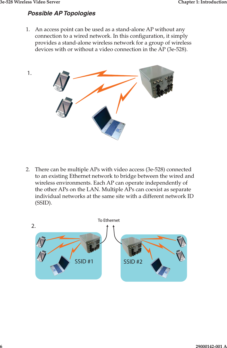 3e-528 Wireless Video Server  Chapter 1: Introduction6                    29000142-001 A3e-528 Wireless Video Server  Chapter 1: Introduction29000142-001 A  7Possible AP Topologies1.   An access point can be used as a stand-alone AP without any connection to a wired network. In this conguration, it simply provides a stand-alone wireless network for a group of wireless devices with or without a video connection in the AP (3e-528). 2.   There can be multiple APs with video access (3e-528) connected to an existing Ethernet network to bridge between the wired and wireless environments. Each AP can operate independently of the other APs on the LAN. Multiple APs can coexist as separate individual networks at the same site with a different network ID (SSID).    