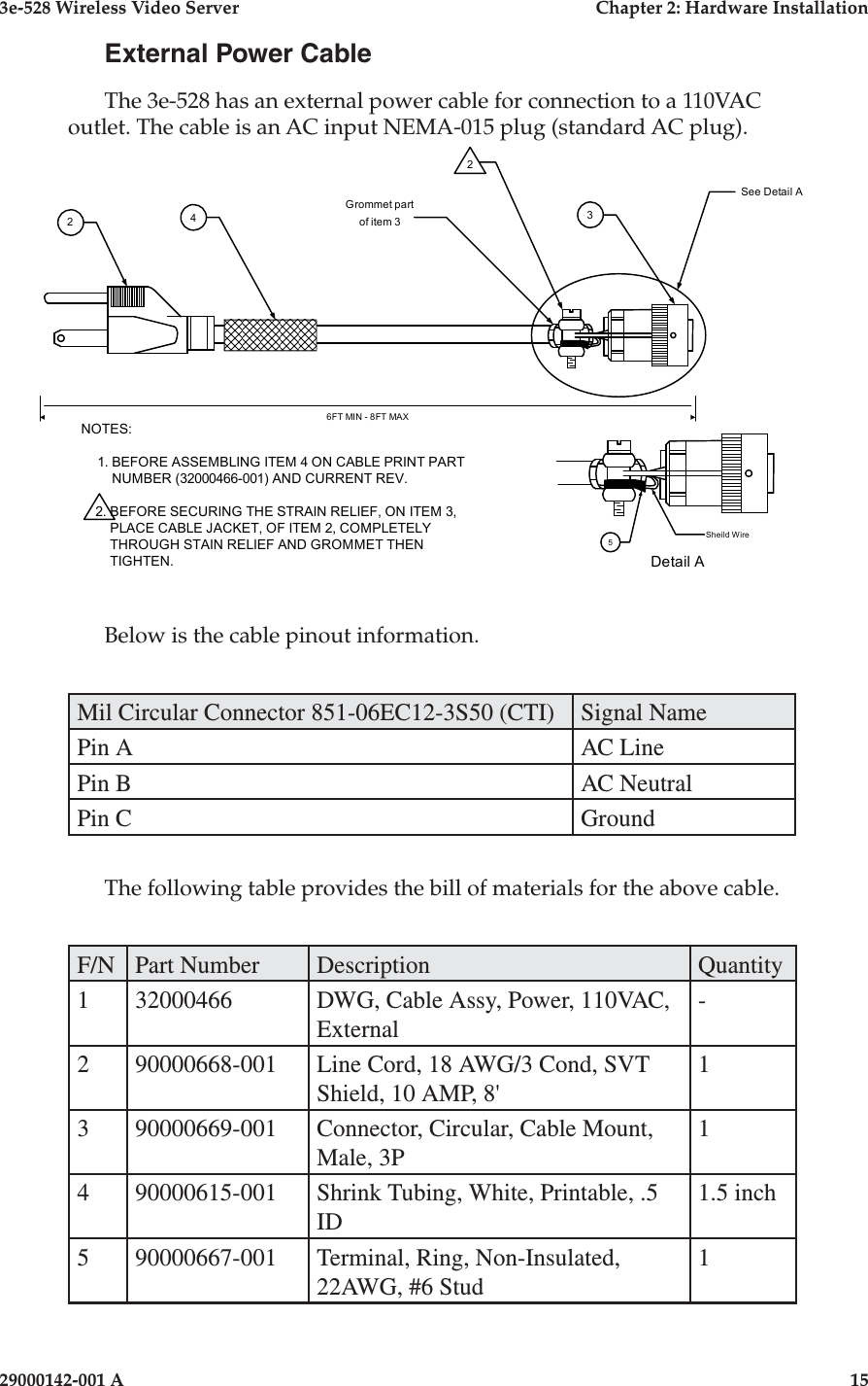 3e-528 Wireless Video Server  Chapter 2: Hardware Installation14                              29000142-001 A3e-528 Wireless Video Server  Chapter 2: Hardware Installation29000142-001 A  15External Power CableThe 3e-528 has an external power cable for connection to a 110VAC outlet. The cable is an AC input NEMA-015 plug (standard AC plug).NOTES:1. BEFORE ASSEMBLING ITEM 4 ON CABLE PRINT PARTNUMBER (32000466-001) AND CURRENT REV.2. BEFORE SECURING THE STRAIN RELIEF, ON ITEM 3,PLACE CABLE JACKET, OF ITEM 2, COMPLETELYTHROUGH STAIN RELIEF AND GROMMET THENTIGHTEN.236FT MIN - 8FT MAX42Grommet partof item 3See Detail ADetail ASheild Wire5Below is the cable pinout information.Mil Circular Connector 851-06EC12-3S50 (CTI) Signal NamePin A AC LinePin B AC NeutralPin C GroundThe following table provides the bill of materials for the above cable.F/N Part Number Description Quantity1 32000466 DWG, Cable Assy, Power, 110VAC, External-2 90000668-001 Line Cord, 18 AWG/3 Cond, SVT Shield, 10 AMP, 8&apos;13 90000669-001 Connector, Circular, Cable Mount, Male, 3P14 90000615-001 Shrink Tubing, White, Printable, .5 ID1.5 inch5 90000667-001 Terminal, Ring, Non-Insulated, 22AWG, #6 Stud1