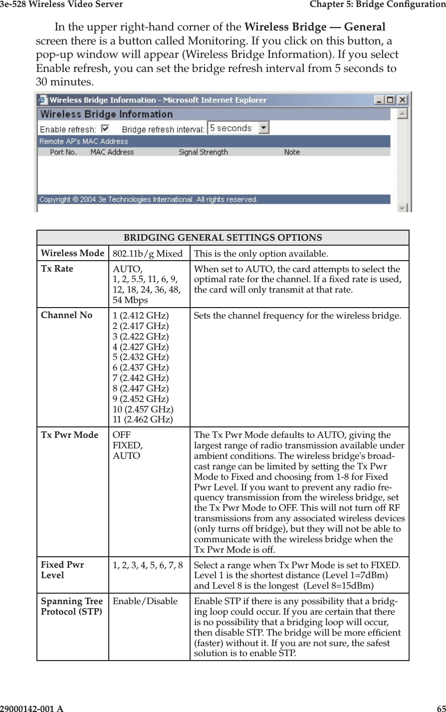 3e-528 Wireless Video Server  Chapter 5: Bridge Conguration64                            29000142-001 A3e-528 Wireless Video Server  Chapter 5: Bridge Conguration29000142-001 A                            65In the upper right-hand corner of the Wireless Bridge — General screen there is a button called Monitoring. If you click on this button, a pop-up window will appear (Wireless Bridge Information). If you select Enable refresh, you can set the bridge refresh interval from 5 seconds to 30 minutes. BRIDGING GENERAL SETTINGS OPTIONSWireless Mode 802.11b/g Mixed This is the only option available.Tx Rate AUTO, 1, 2, 5.5, 11, 6, 9, 12, 18, 24, 36, 48, 54 MbpsWhen set to AUTO, the card attempts to select the optimal rate for the channel. If a xed rate is used, the card will only transmit at that rate. Channel No 1 (2.412 GHz)2 (2.417 GHz)3 (2.422 GHz)4 (2.427 GHz)5 (2.432 GHz)6 (2.437 GHz)7 (2.442 GHz)8 (2.447 GHz)9 (2.452 GHz)10 (2.457 GHz)11 (2.462 GHz)Sets the channel frequency for the wireless bridge.Tx Pwr Mode OFFFIXED,AUTOThe Tx Pwr Mode defaults to AUTO, giving the largest range of radio transmission available under ambient conditions. The wireless bridge&apos;s broad-cast range can be limited by setting the Tx Pwr Mode to Fixed and choosing from 1-8 for Fixed Pwr Level. If you want to prevent any radio fre-quency transmission from the wireless bridge, set the Tx Pwr Mode to OFF. This will not turn off RF transmissions from any associated wireless devices (only turns off bridge), but they will not be able to communicate with the wireless bridge when the Tx Pwr Mode is off.Fixed Pwr Level1, 2, 3, 4, 5, 6, 7, 8 Select a range when Tx Pwr Mode is set to FIXED.  Level 1 is the shortest distance (Level 1=7dBm) and Level 8 is the longest  (Level 8=15dBm)Spanning Tree Protocol (STP) Enable/Disable Enable STP if there is any possibility that a bridg-ing loop could occur. If you are certain that there is no possibility that a bridging loop will occur, then disable STP. The bridge will be more efcient (faster) without it. If you are not sure, the safest solution is to enable STP.