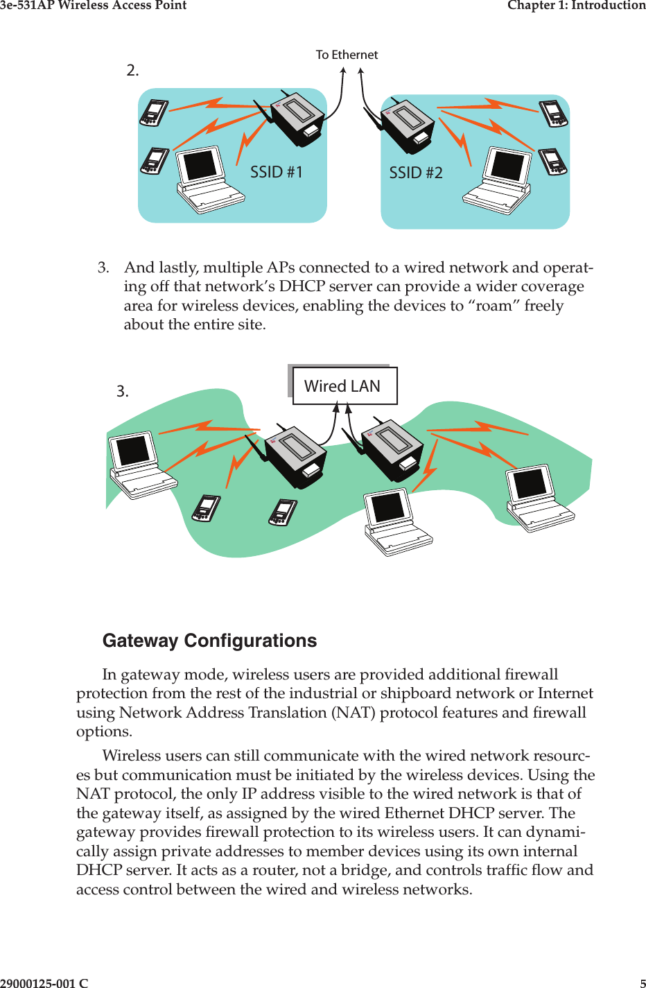3e-531AP Wireless Access PointChapter 1: Introduction29000125-001 C5    3. And lastly, multiple APs connected to a wired network and operat-ing off that network’s DHCP server can provide a wider coverage area for wireless devices, enabling the devices to “roam” freely about the entire site. Gateway Con gurationsIn gateway mode, wireless users are provided additional  rewall protection from the rest of the industrial or shipboard network or Internet using Network Address Translation (NAT) protocol features and  rewall options.Wireless users can still communicate with the wired network resourc-es but communication must be initiated by the wireless devices. Using the NAT protocol, the only IP address visible to the wired network is that of the gateway itself, as assigned by the wired Ethernet DHCP server. The gateway provides  rewall protection to its wireless users. It can dynami-cally assign private addresses to member devices using its own internal DHCP server. It acts as a router, not a bridge, and controls traf c  ow and access control between the wired and wireless networks.