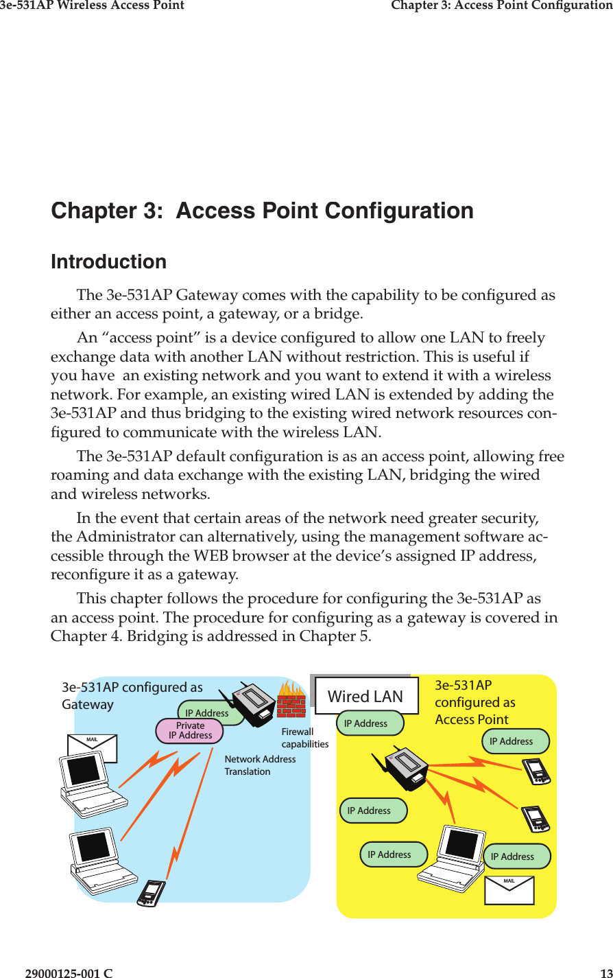 3e-531AP Wireless Access PointChapter 3: Access Point Con guration29000125-001 C13Chapter 3:  Access Point Con gurationIntroductionThe 3e-531AP Gateway comes with the capability to be con gured as either an access point, a gateway, or a bridge. An “access point” is a device con gured to allow one LAN to freely exchange data with another LAN without restriction. This is useful if you have  an existing network and you want to extend it with a wireless network. For example, an existing wired LAN is extended by adding the 3e-531AP and thus bridging to the existing wired net work resources con- gured to communicate with the wireless LAN.The 3e-531AP default con guration is as an access point, al low ing free roaming and data exchange with the existing LAN, bridging the wired and wireless networks.In the event that certain areas of the network need greater security, the Administrator can alternatively, using the management software ac-cessible through the WEB browser at the device’s assigned IP address, recon gure it as a gateway.This chapter follows the procedure for con guring the 3e-531AP as an access point. The procedure for con guring as a gateway is covered in Chapter 4. Bridging is addressed in Chapter 5.              