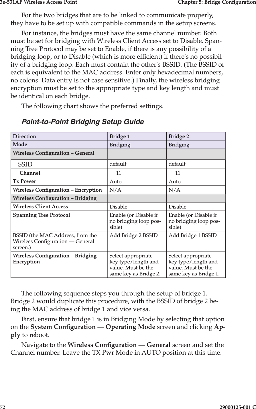3e-531AP Wireless Access PointChapter 5: Bridge Con guration7229000125-001 CFor the two bridges that are to be linked to communicate properly, they have to be set up with compatible commands in the setup screens.For instance, the bridges must have the same channel number. Both must be set for bridging with Wireless Client Access set to Disable. Span-ning Tree Protocol may be set to Enable, if there is any possibility of a bridging loop, or to Disable (which is more ef cient) if there&apos;s no possibil-ity of a bridging loop. Each must contain the other&apos;s BSSID. (The BSSID of each is equivalent to the MAC address. Enter only hexadecimal numbers, no colons. Data entry is not case sensitive.) Finally, the wireless bridging encryption must be set to the appropriate type and key length and must be identical on each bridge.The following chart shows the preferred settings.Point-to-Point Bridging Setup GuideDirectionBridge 1Bridge 2ModeBridgingBridgingWireless Con guration – General    SSIDdefaultdefault     Channel     11     11Tx PowerAutoAutoWireless Con guration – EncryptionN/AN/AWireless Con guration – Bridging Wireless Client AccessDisableDisableSpanning Tree ProtocolEnable (or Disable if no bridging loop pos-sible)Enable (or Disable if no bridging loop pos-sible)BSSID (the MAC Address, from the Wireless Con guration — General screen.)Add Bridge 2 BSSIDAdd Bridge 1 BSSIDWireless Con guration – Bridging EncryptionSelect appropriate key type/length and value. Must be the same key as Bridge 2.Select appropriate key type/length and value. Must be the same key as Bridge 1.The following sequence steps you through the setup of bridge 1. Bridge 2 would duplicate this procedure, with the BSSID of bridge 2 be-ing the MAC address of bridge 1 and vice versa.First, ensure that bridge 1 is in Bridging Mode by selecting that option on the System Con guration — Operating Mode screen and clicking Ap-ply to reboot.Navigate to the Wireless Con guration — General screen and set the  Channel number. Leave the TX Pwr Mode in AUTO position at this time.